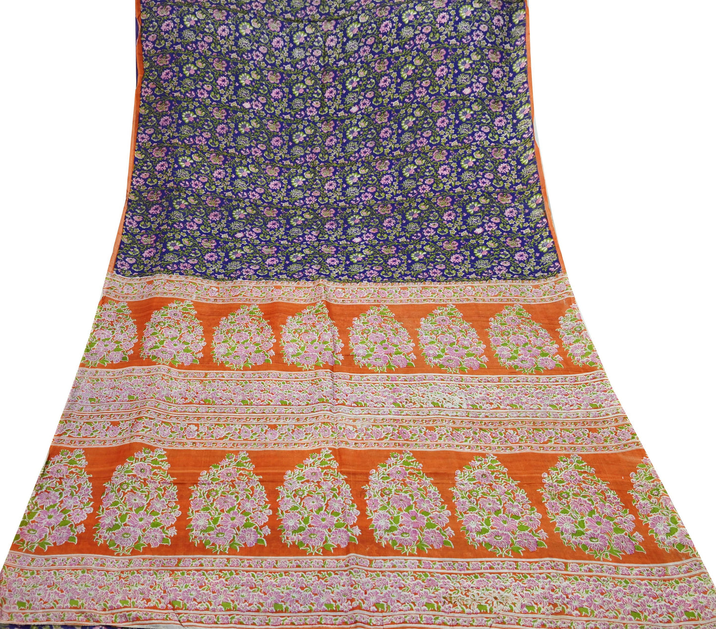 Indian Vintage Sari Orange & Purple Printed 100% Pure Silk Sarees Craft Fabric 5yd Sewing Dress Making Soft Wrap Quilting Crafting Upcycle