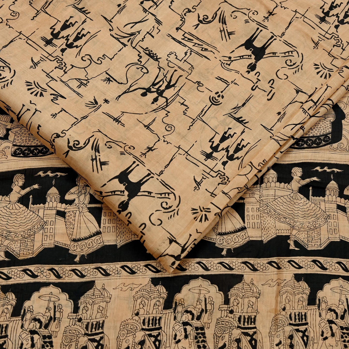 Indian Vintage Sari Black & Beige Pure Silk Printed Sarees Craft Fabric 6yd Sewing Dress Making Humans Elephants Quilting Upcycle Crafting