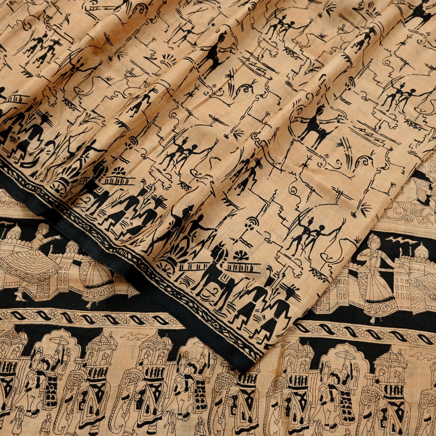 Indian Vintage Sari Black & Beige Pure Silk Printed Sarees Craft Fabric 6yd Sewing Dress Making Humans Elephants Quilting Upcycle Crafting