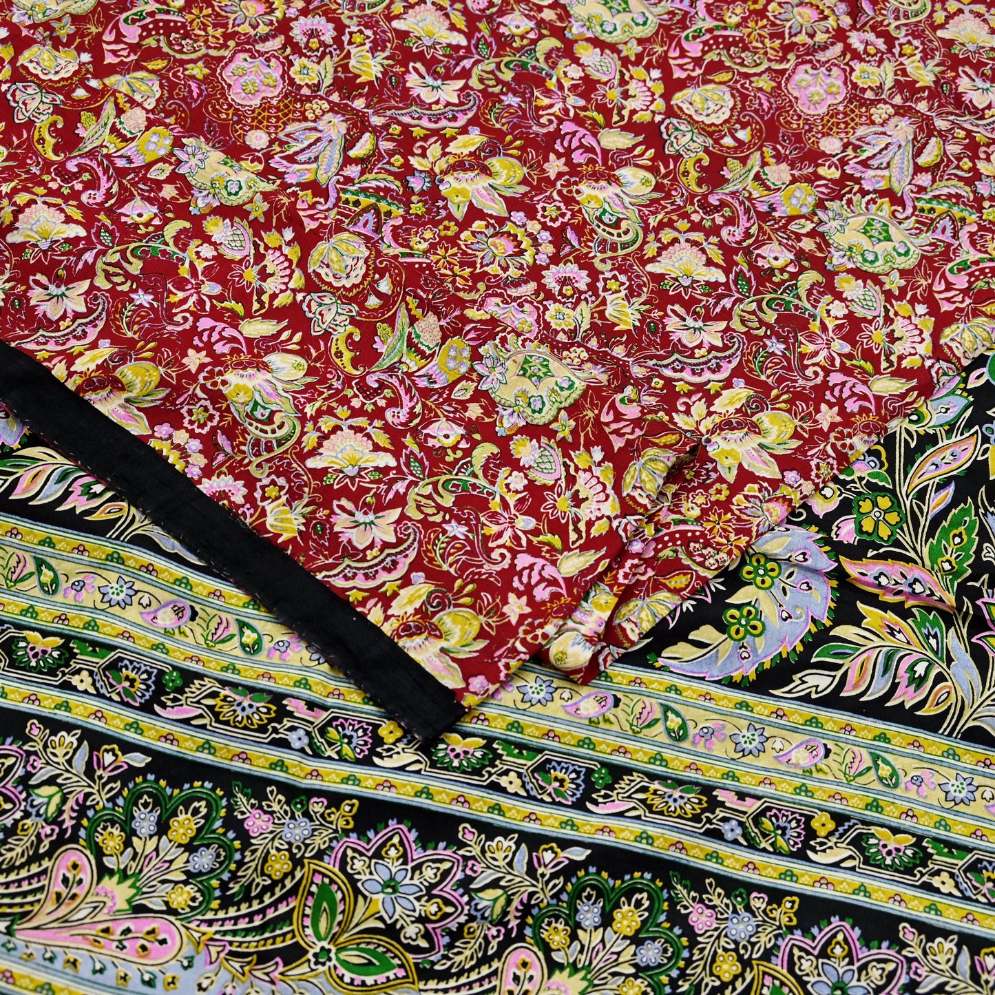 Indian Vintage Sari Black & Red Pure Silk Printed Sarees 5yd Sewing Craft Fabric Dress Making Soft Quilting Crafting Upcycle Used Floral