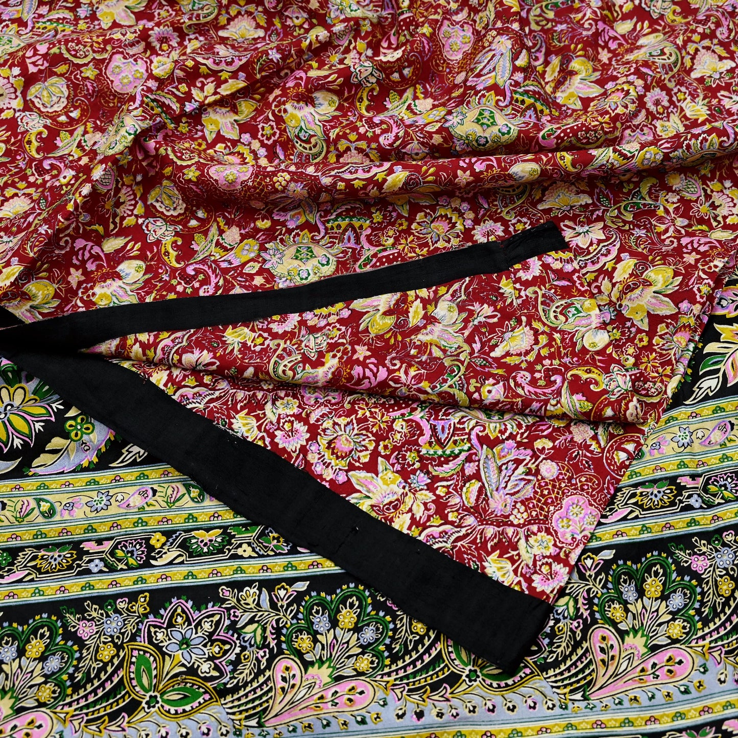 Indian Vintage Sari Black & Red Pure Silk Printed Sarees 5yd Sewing Craft Fabric Dress Making Soft Quilting Crafting Upcycle Used Floral
