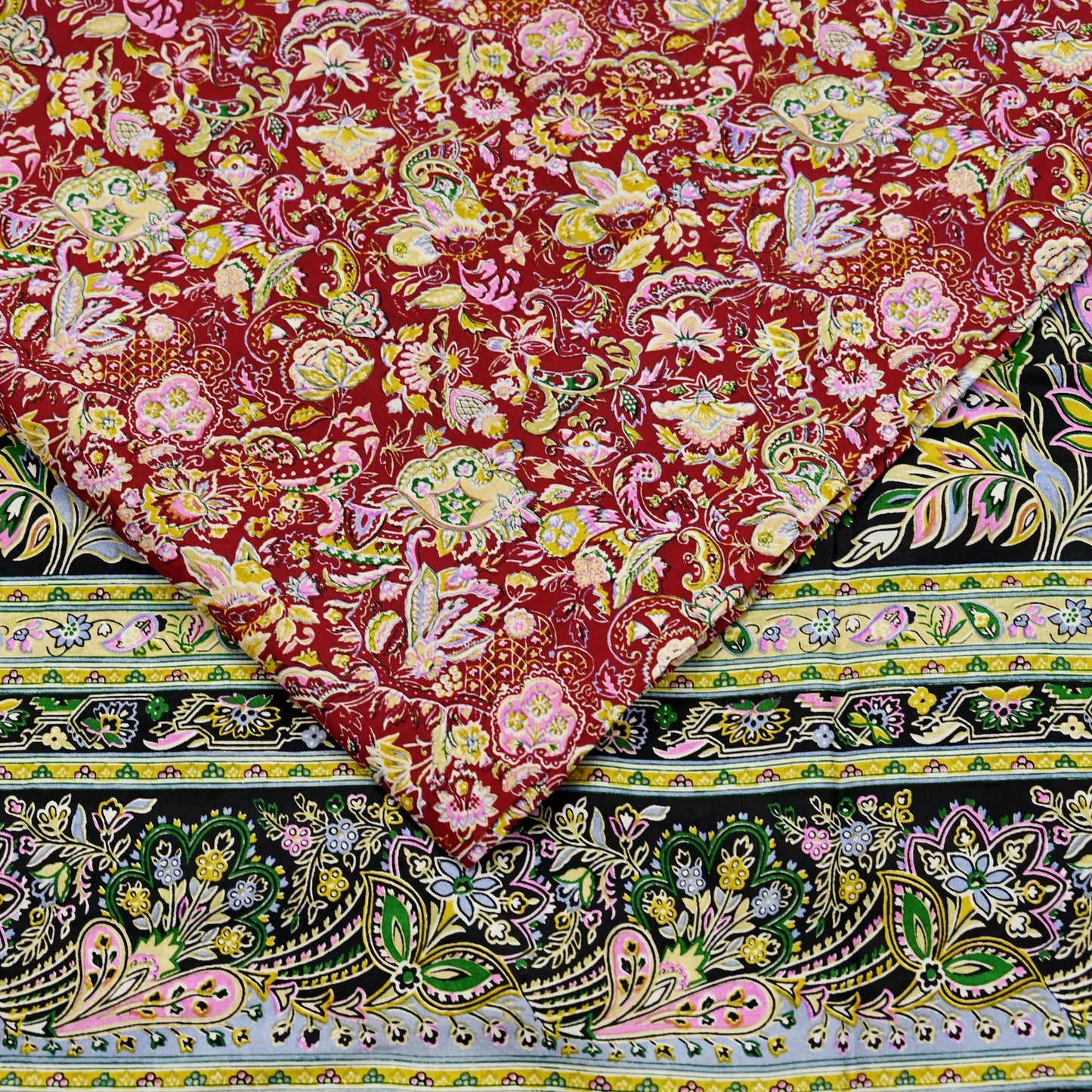 Indian Vintage Sari Black & Red Pure Silk Printed Sarees 5yd Sewing Craft Fabric Dress Making Soft Quilting Crafting Upcycle Used Floral