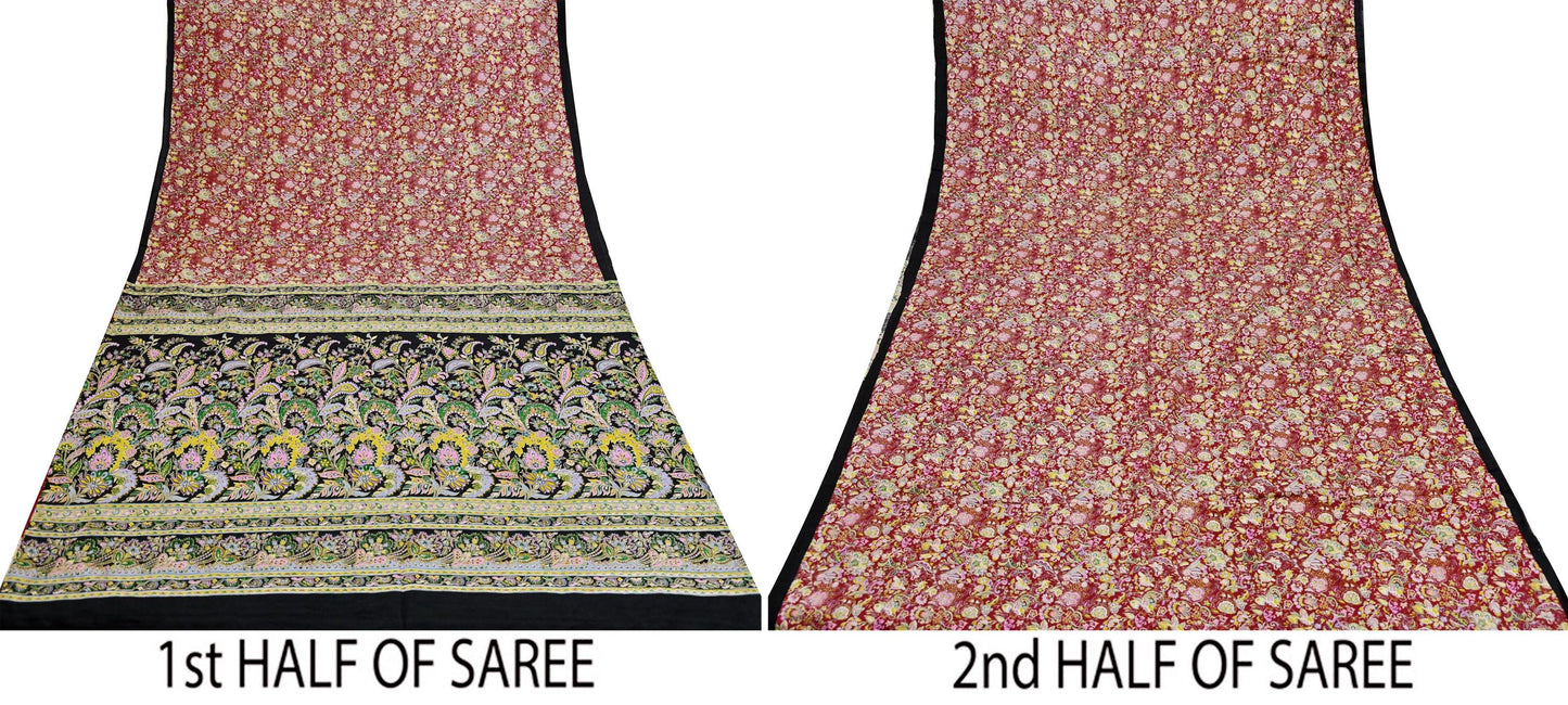 Indian Vintage Sari Black & Red Pure Silk Printed Sarees 5yd Sewing Craft Fabric Dress Making Soft Quilting Crafting Upcycle Used Floral