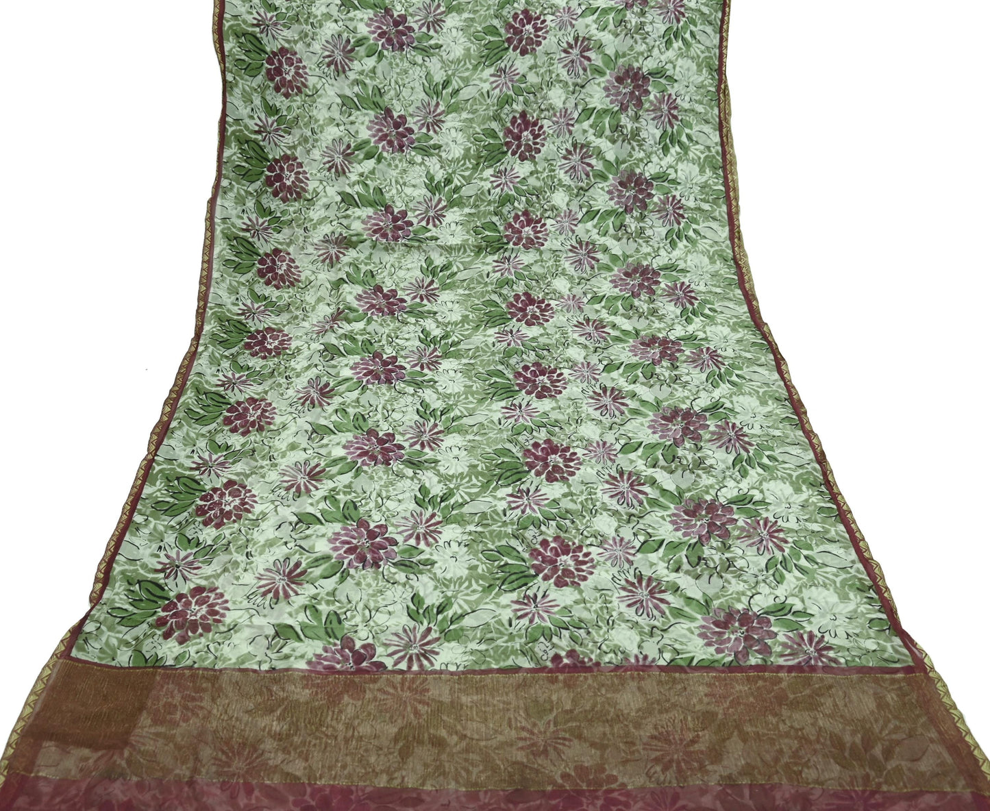 Indian Vintage Sari Green & Ivory Pure Chiffon Silk Printed Sarees 5Yd Craft Fabric Sewing Soft Light Sari Dress Making Upcycle Quilting