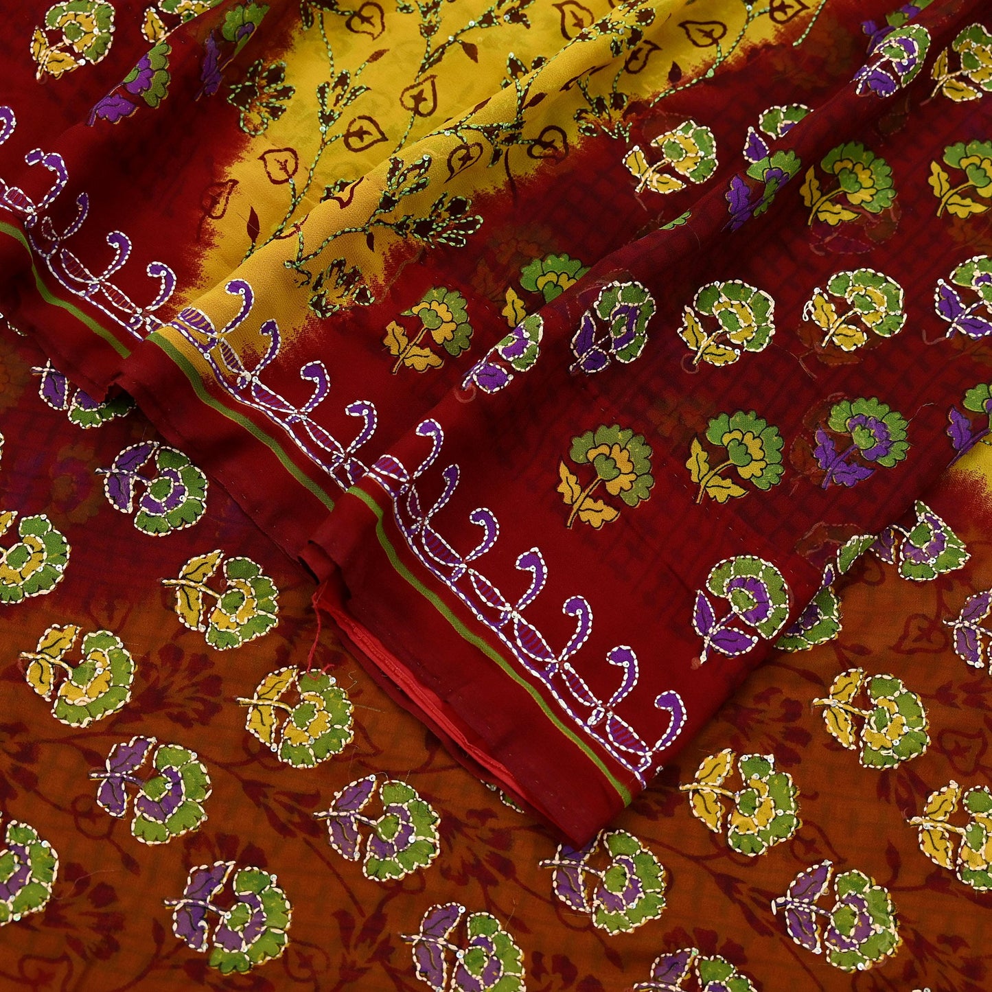 Indian Vintage Maroon & Yellow Saree Georgette Hand Embroidered Kantha Sari Craft Fabric 5yd Sewing Floral Soft Sequins Dress making Upcycle