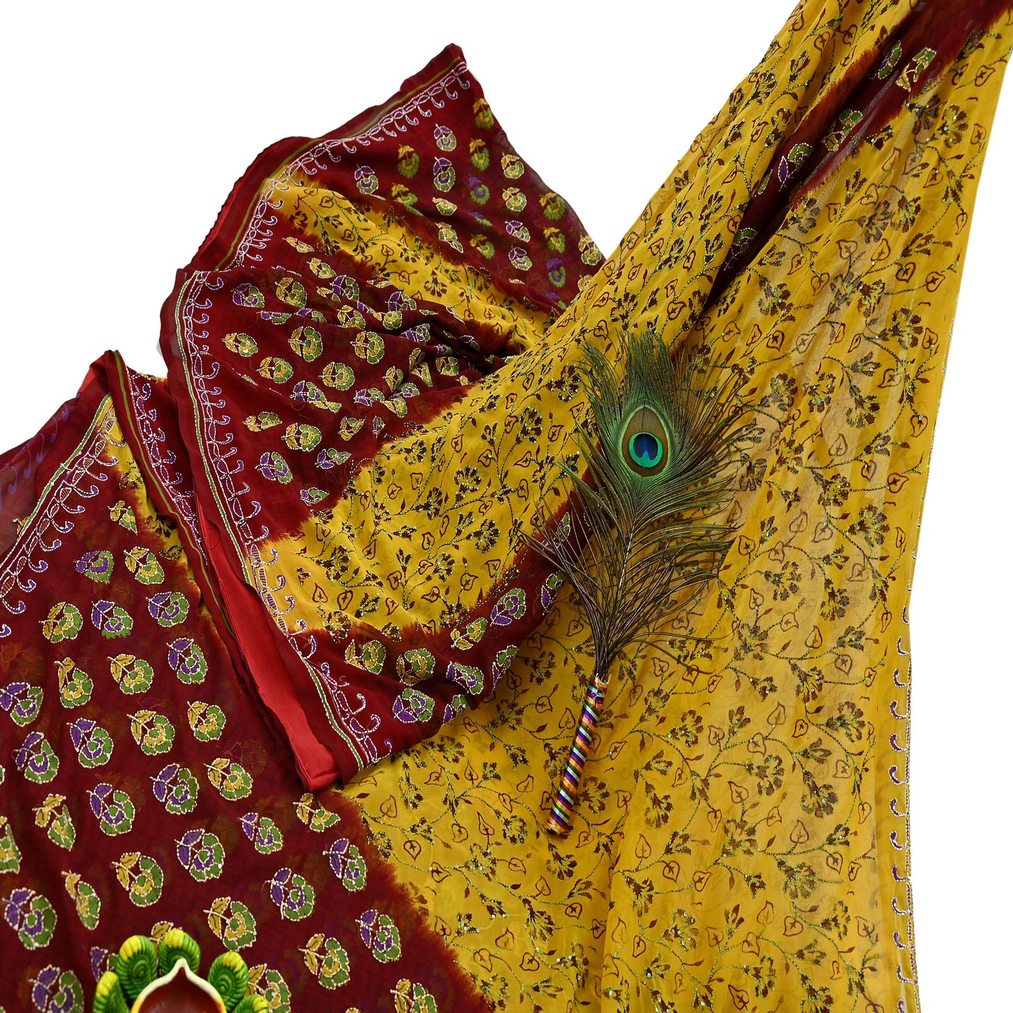 Indian Vintage Maroon & Yellow Saree Georgette Hand Embroidered Kantha Sari Craft Fabric 5yd Sewing Floral Soft Sequins Dress making Upcycle