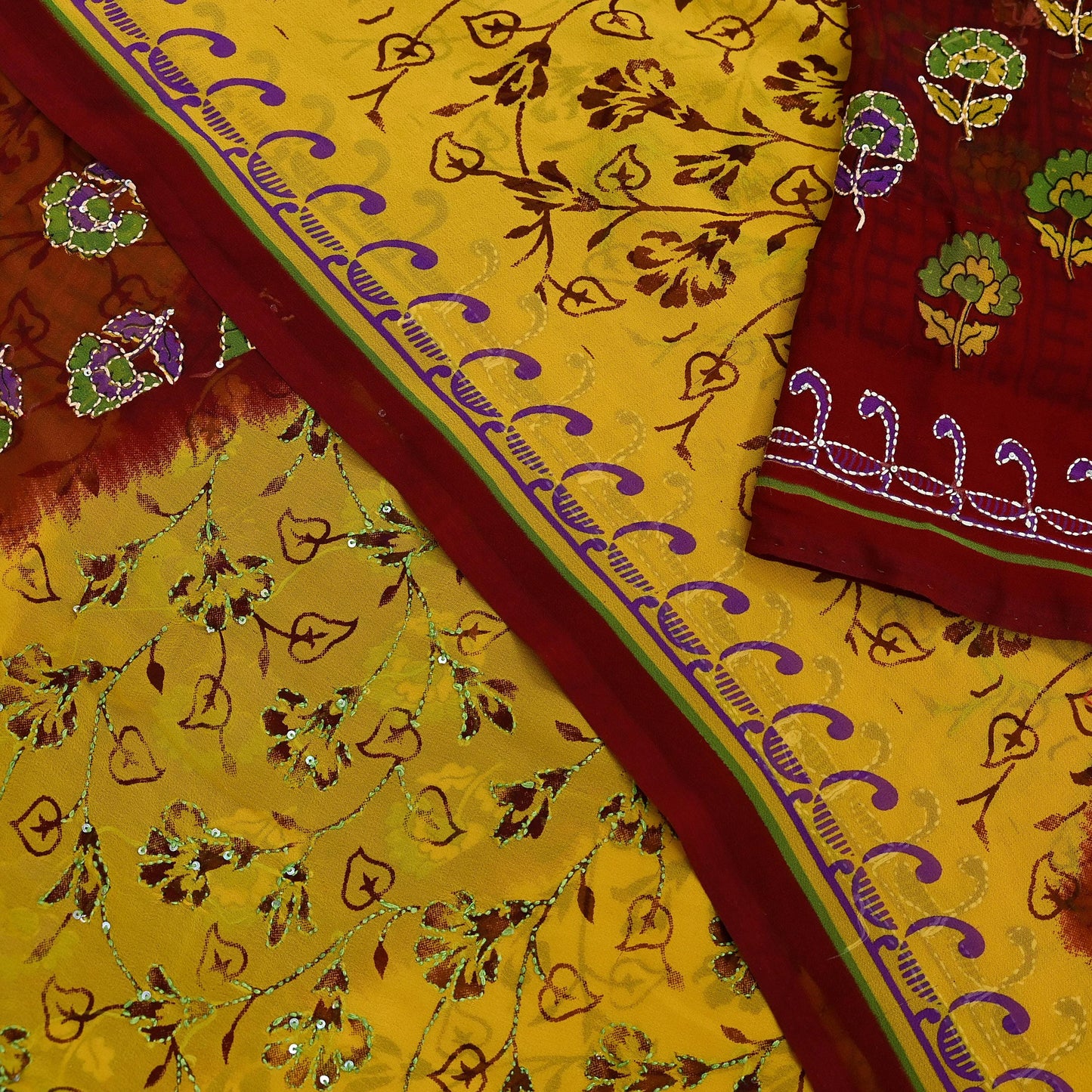 Indian Vintage Maroon & Yellow Saree Georgette Hand Embroidered Kantha Sari Craft Fabric 5yd Sewing Floral Soft Sequins Dress making Upcycle