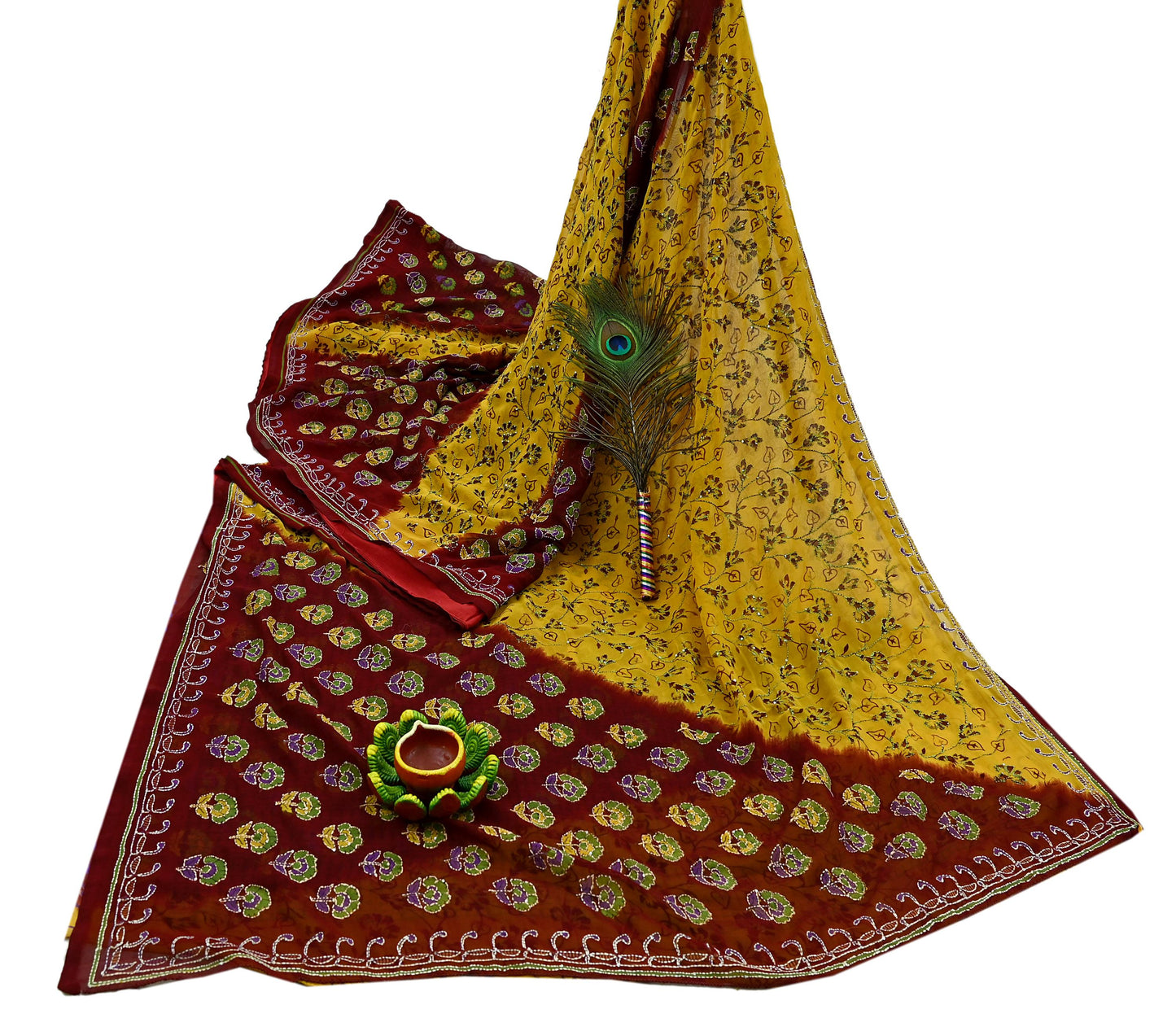 Indian Vintage Maroon & Yellow Saree Georgette Hand Embroidered Kantha Sari Craft Fabric 5yd Sewing Floral Soft Sequins Dress making Upcycle