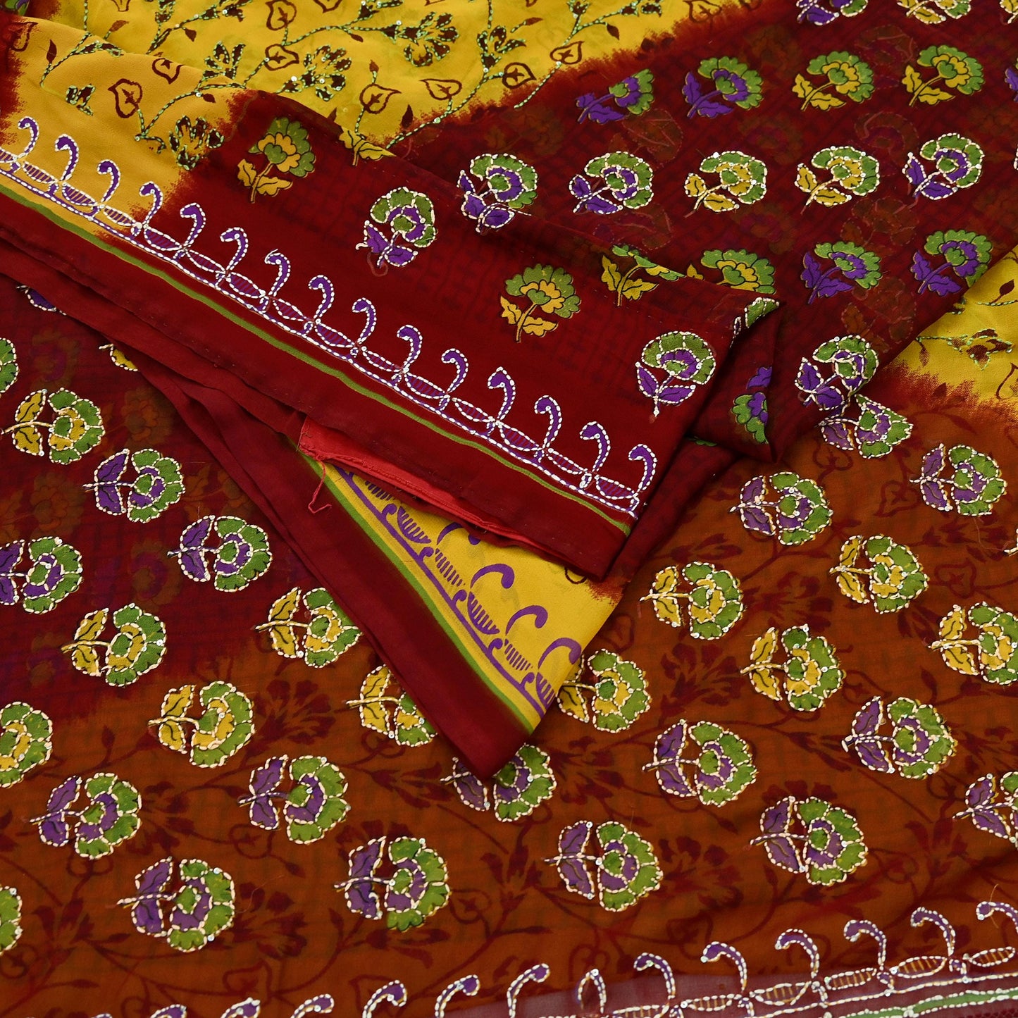 Indian Vintage Maroon & Yellow Saree Georgette Hand Embroidered Kantha Sari Craft Fabric 5yd Sewing Floral Soft Sequins Dress making Upcycle