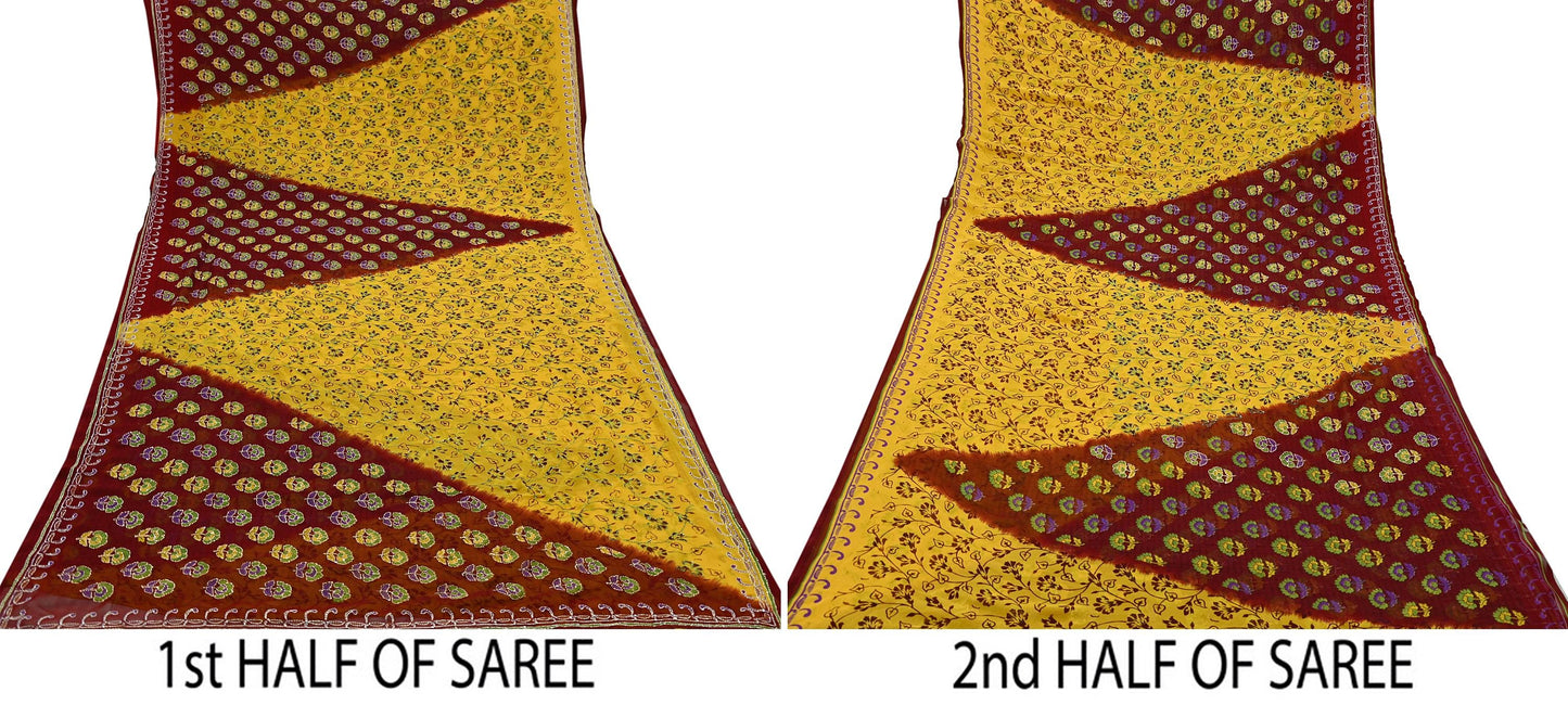 Indian Vintage Maroon & Yellow Saree Georgette Hand Embroidered Kantha Sari Craft Fabric 5yd Sewing Floral Soft Sequins Dress making Upcycle