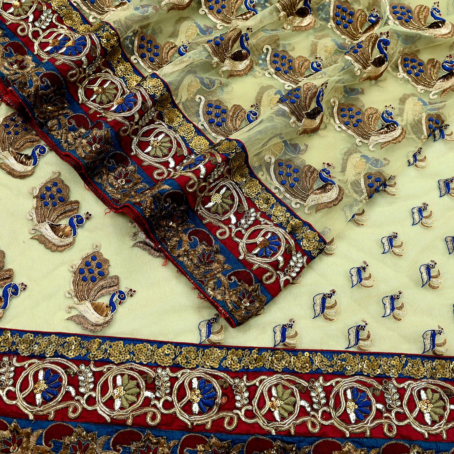 Indian Pre-owned Sari Ivory Net/Mesh Hand Embroidered Anamika Khanna Designer Sarees Ethnic 6Yd Sewing Zardozi, Zari Wedding Sarees