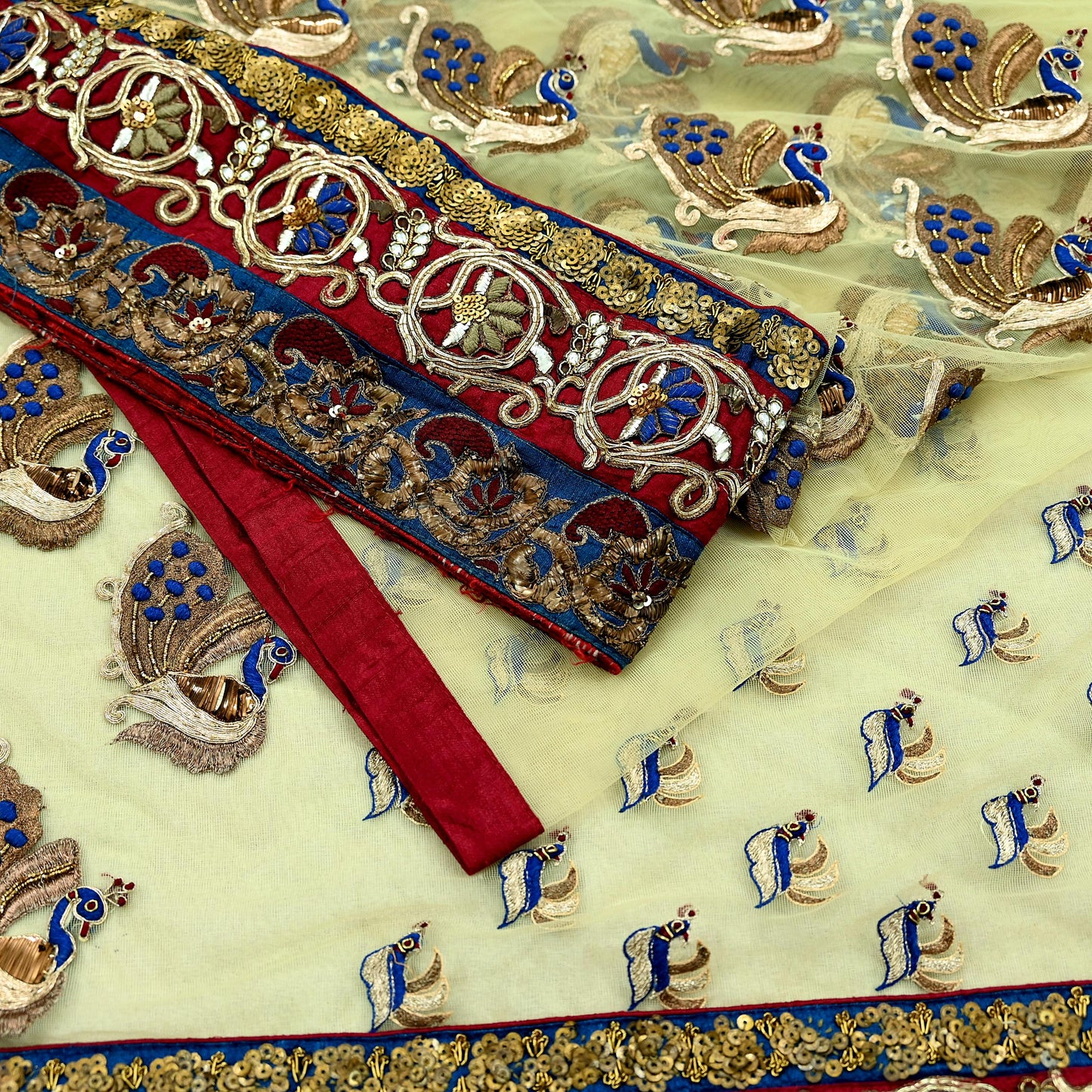 Indian Pre-owned Sari Ivory Net/Mesh Hand Embroidered Anamika Khanna Designer Sarees Ethnic 6Yd Sewing Zardozi, Zari Wedding Sarees