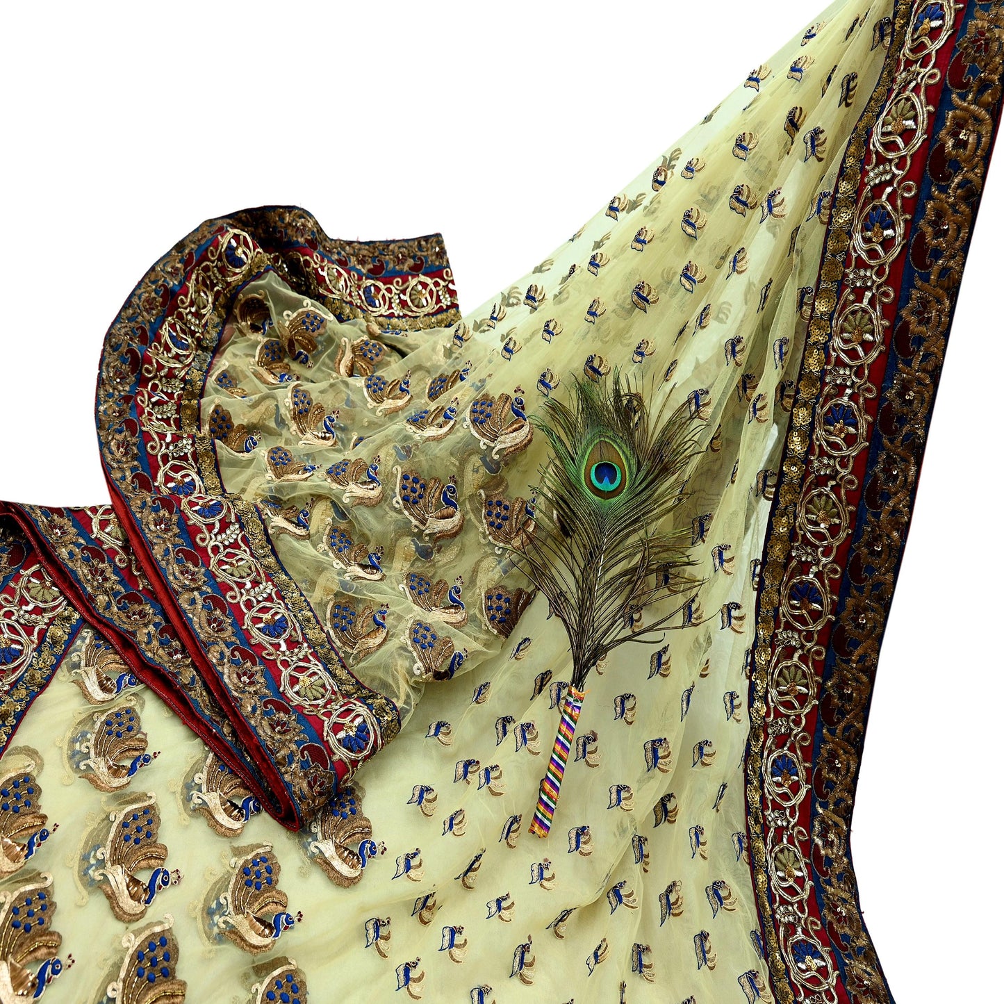 Indian Pre-owned Sari Ivory Net/Mesh Hand Embroidered Anamika Khanna Designer Sarees Ethnic 6Yd Sewing Zardozi, Zari Wedding Sarees
