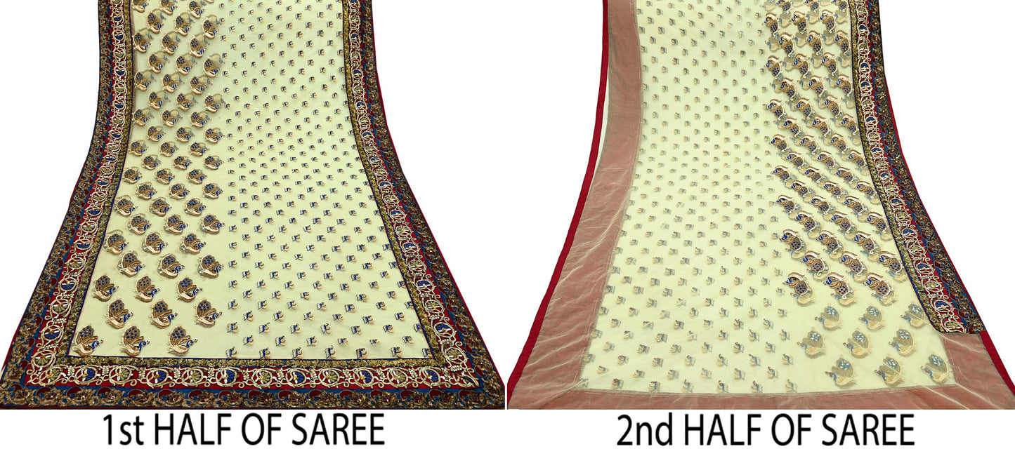 Indian Pre-owned Sari Ivory Net/Mesh Hand Embroidered Anamika Khanna Designer Sarees Ethnic 6Yd Sewing Zardozi, Zari Wedding Sarees