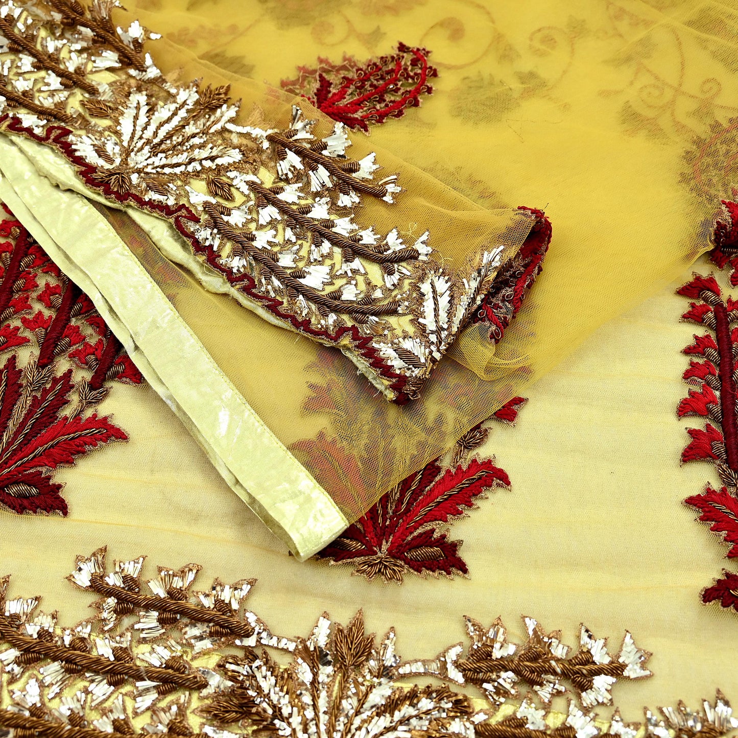 Indian Pre-Owned Sari Mustard Net/Mesh Hand Embroidered Designer Manish Malhotra Sarees 6Yd Ethnic Zardozi/Dabka Zari Wedding Saree