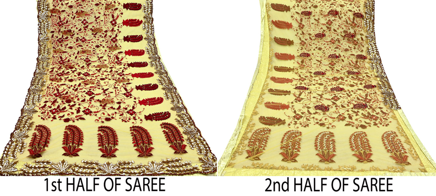 Indian Pre-Owned Sari Mustard Net/Mesh Hand Embroidered Designer Manish Malhotra Sarees 6Yd Ethnic Zardozi/Dabka Zari Wedding Saree