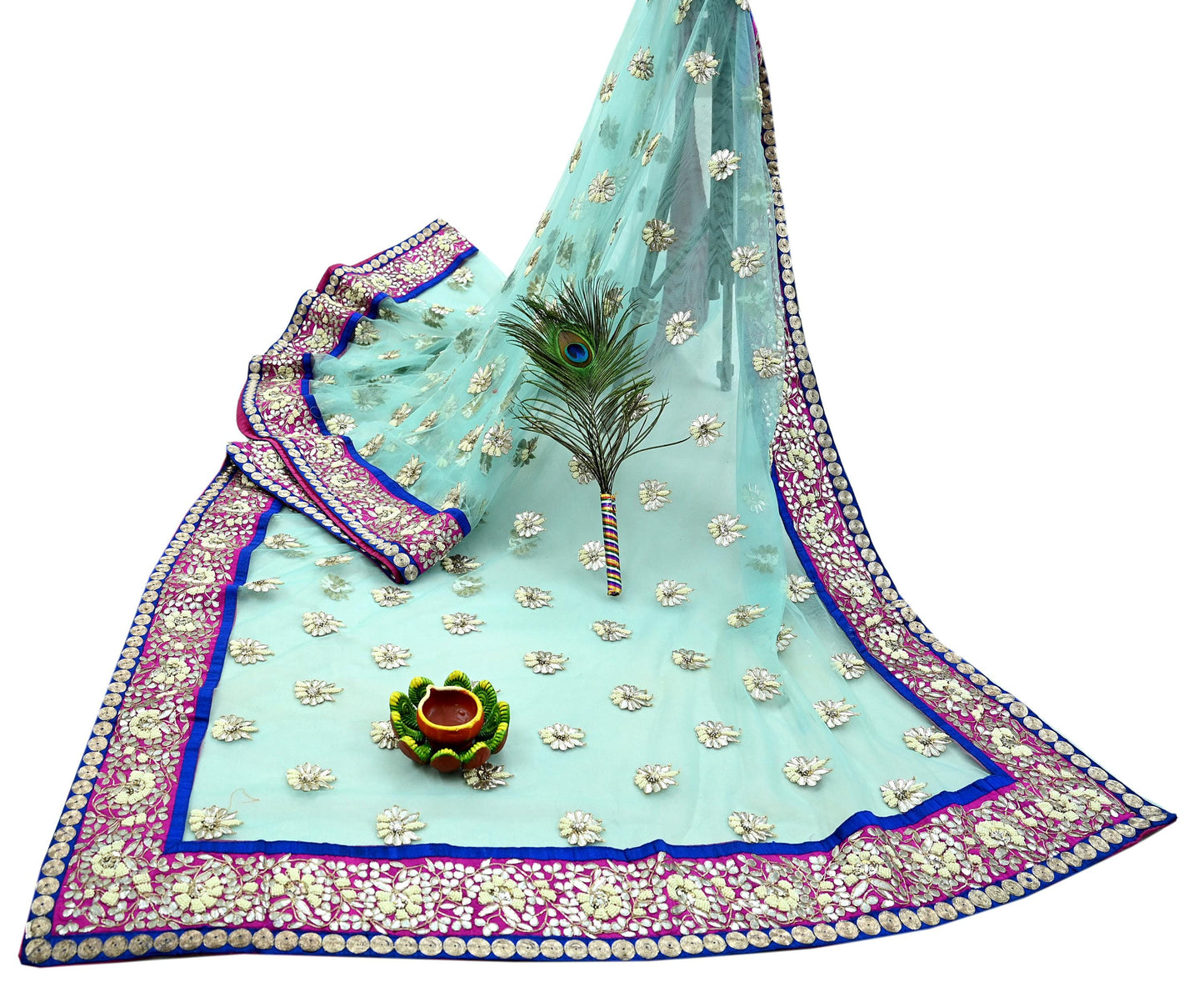 Indian Pre-Owned Sari Blue Net/Mesh Hand Embroidered Designer Manish Malhotra Sarees 6Yd Ethnic Gota Patti Zari Wedding Sarees
