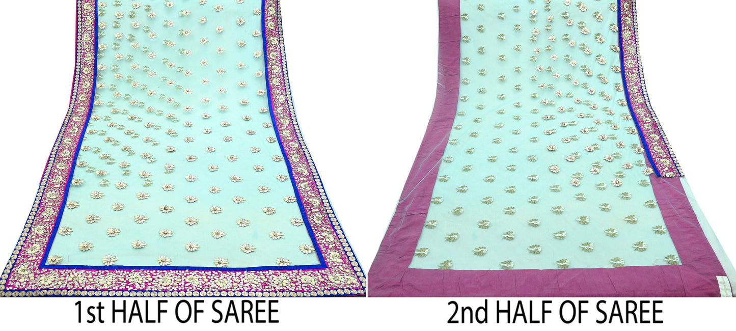 Indian Pre-Owned Sari Blue Net/Mesh Hand Embroidered Designer Manish Malhotra Sarees 6Yd Ethnic Gota Patti Zari Wedding Sarees