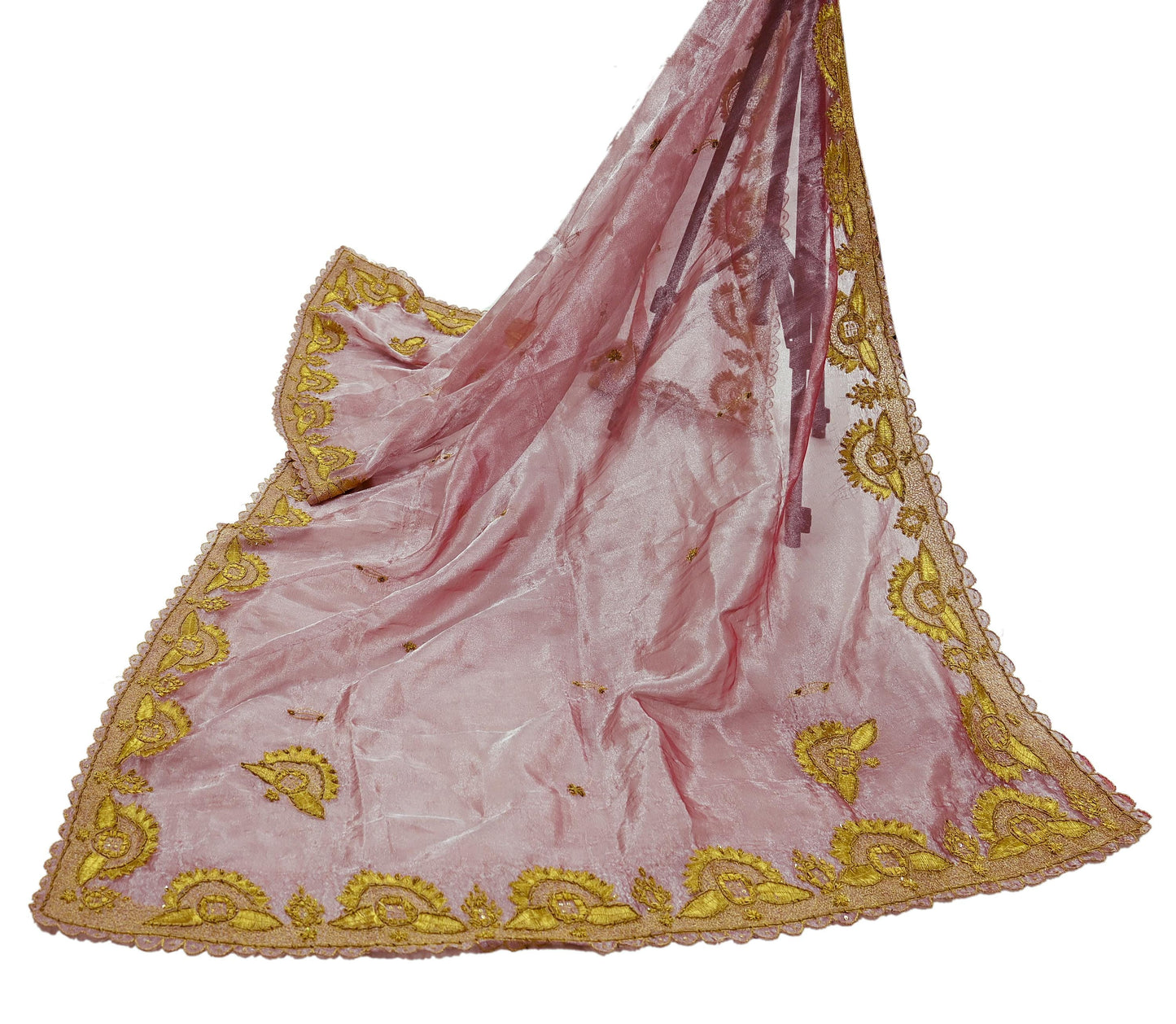 Indian Vintage Dupatta Pink Long Stole Hand Embroidered Tissue Scarves Veil Zardozi Zari Soft Scarf Wrap Boho