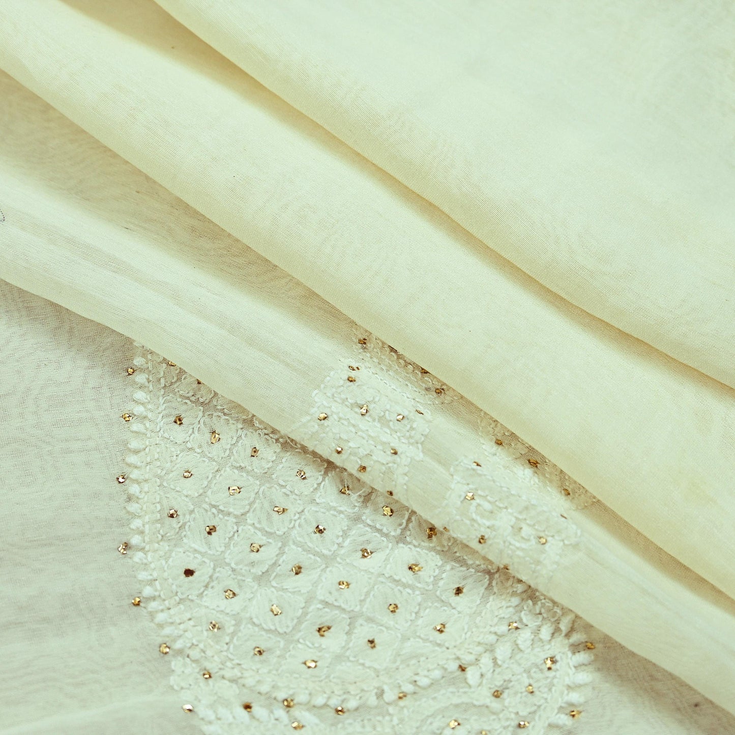 Indian Vintage Dupatta Ivory Long Stole Pure Chanderi silk Handmade Mukesh & Chikankari Scarves Veil Scarf Wrap Zari Floral Design