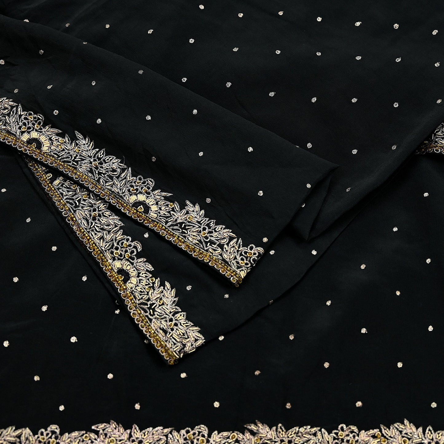 Indian Vintage Black Dupatta Long Stole Pure Crepe Silk Hand Embroidered Scarves Veil Scarf Wrap Hippie Boho Zardozi/ Dabka