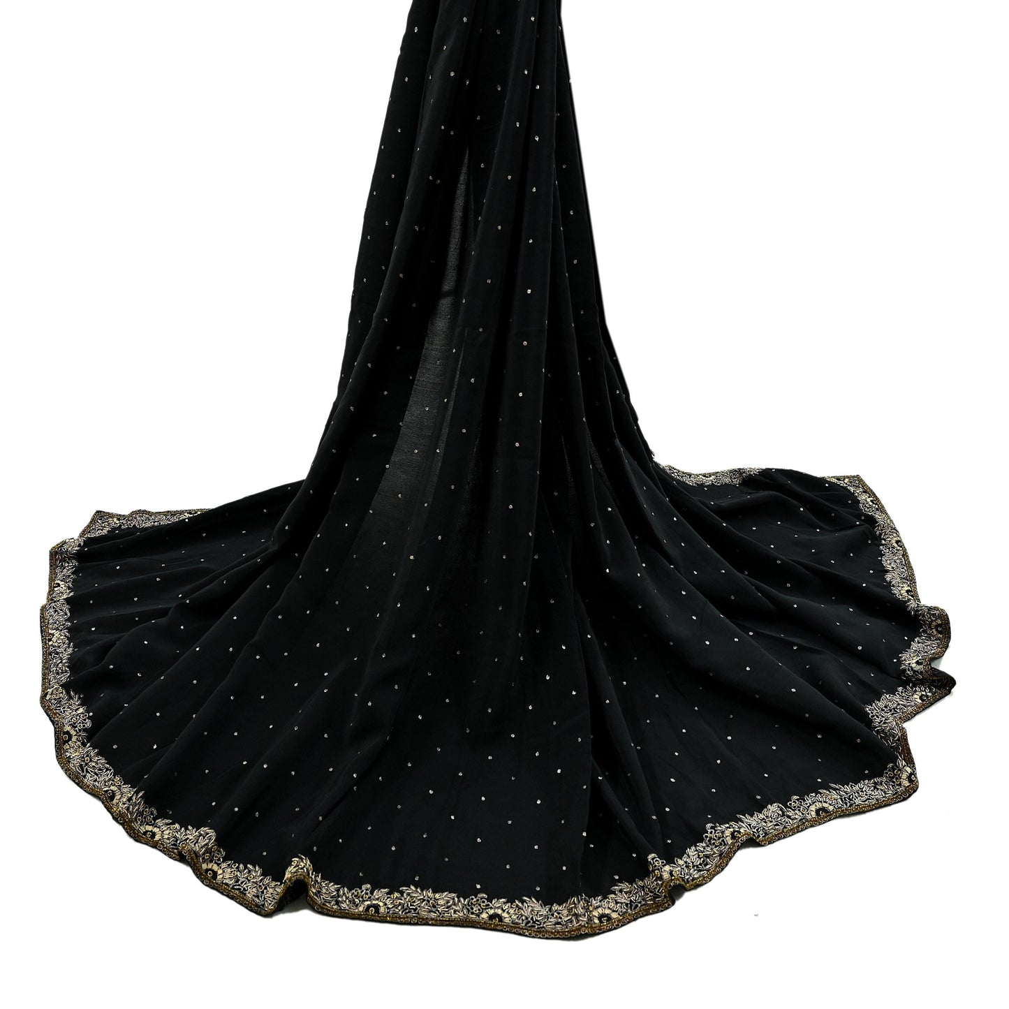 Indian Vintage Black Dupatta Long Stole Pure Crepe Silk Hand Embroidered Scarves Veil Scarf Wrap Hippie Boho Zardozi/ Dabka