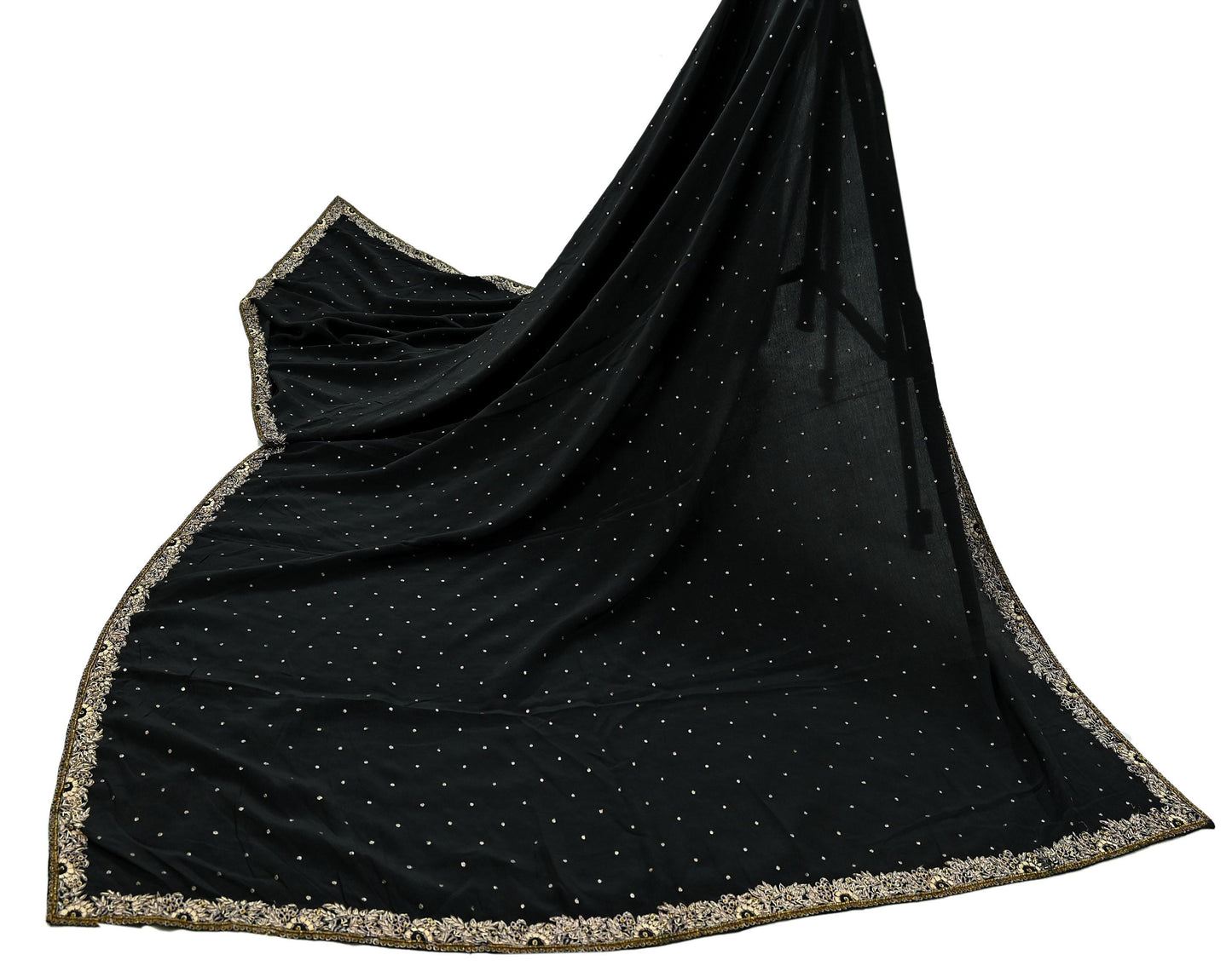 Indian Vintage Black Dupatta Long Stole Pure Crepe Silk Hand Embroidered Scarves Veil Scarf Wrap Hippie Boho Zardozi/ Dabka