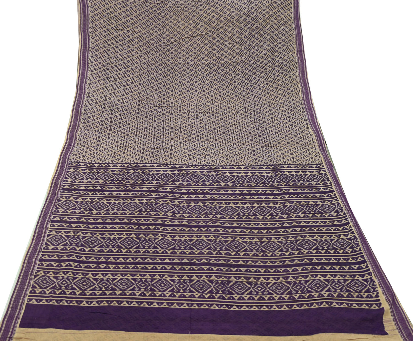 Indian Vintage Sari Beige & Purple Pure Cotton Printed Sarees Craft Fabric Soft 5Yd Sarong Wrap Boho Fabric Kimono Quilting Crafting Upcycle