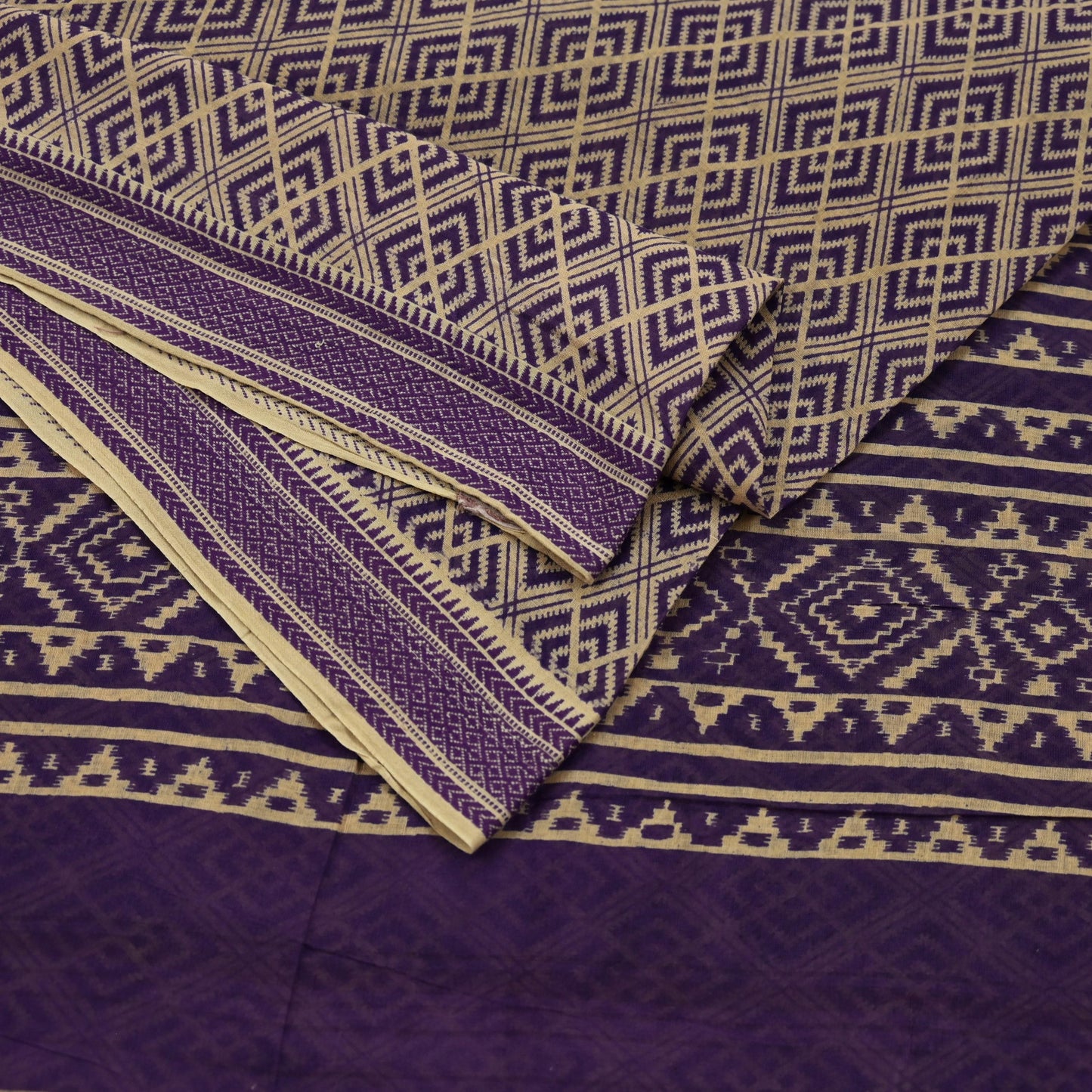 Indian Vintage Sari Beige & Purple Pure Cotton Printed Sarees Craft Fabric Soft 5Yd Sarong Wrap Boho Fabric Kimono Quilting Crafting Upcycle