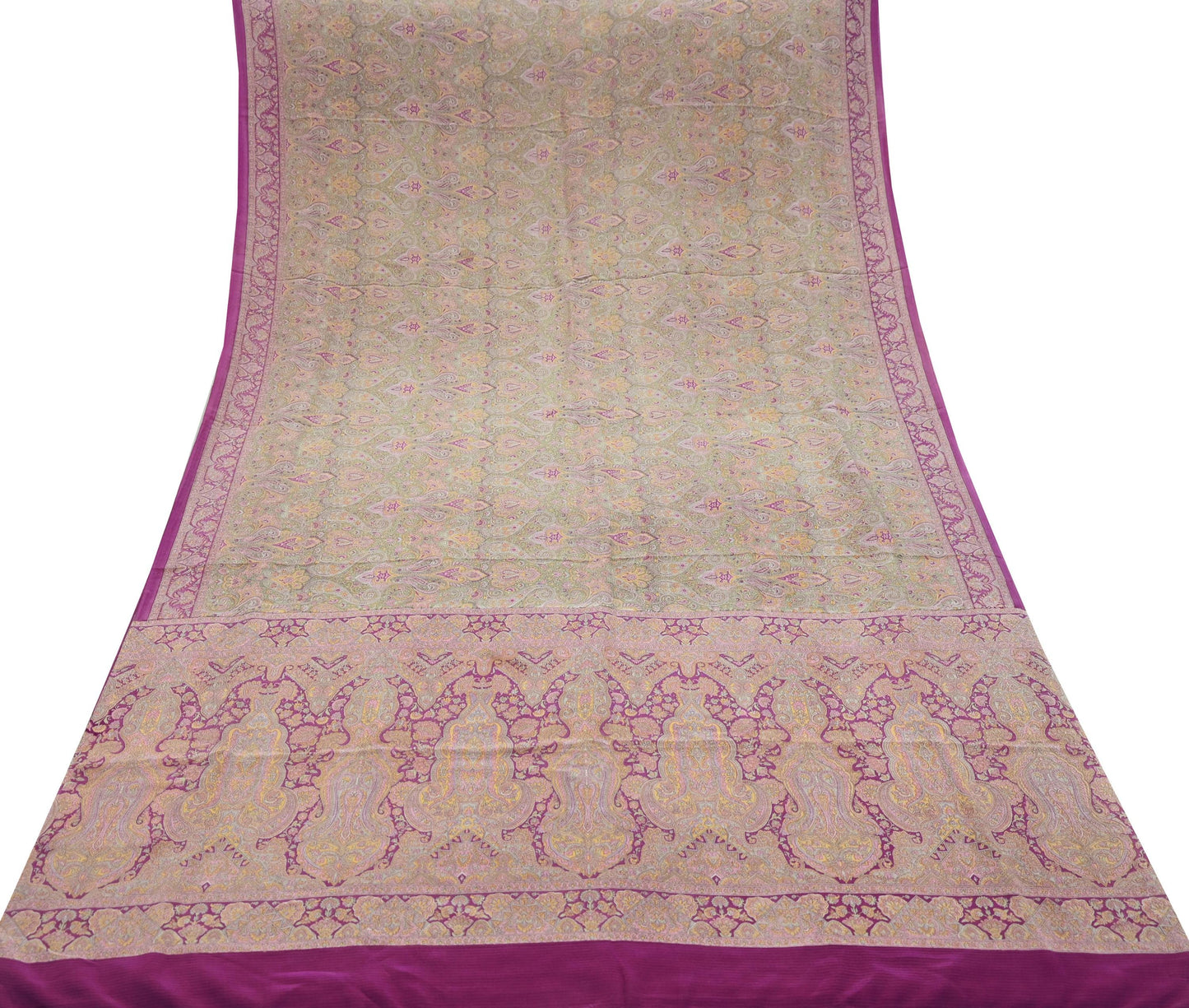 Indian Vintage Sari Green & Purple Pure Crepe Silk Printed Saree 5yd Sewing Floral Craft Fabric Wrap Dress Making Quilting Crafting