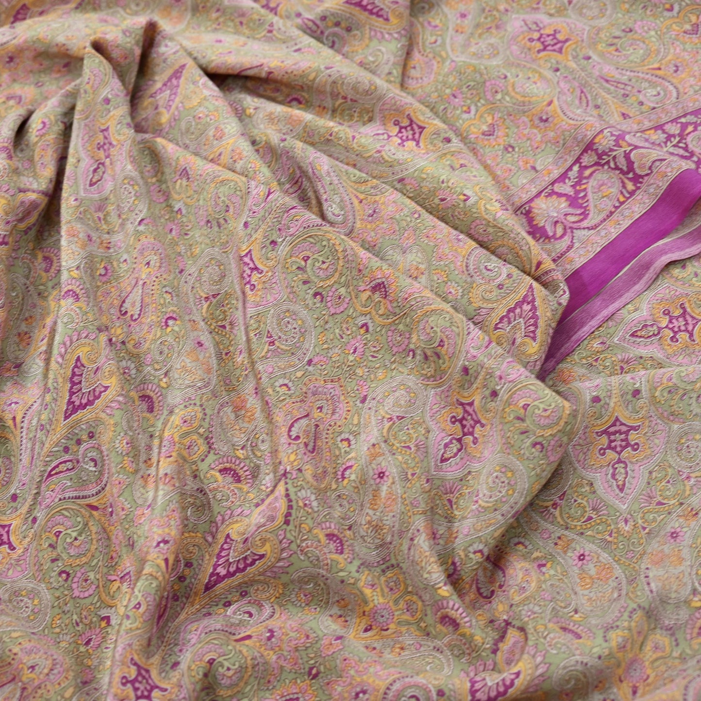 Indian Vintage Sari Green & Purple Pure Crepe Silk Printed Saree 5yd Sewing Floral Craft Fabric Wrap Dress Making Quilting Crafting