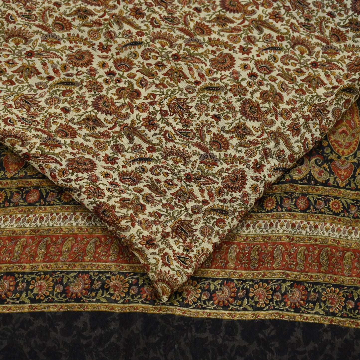 Indian Women Vintage Beige & Black Saree Pure Chiffon Silk Printed Sari Craft Fabric Sewing 5Yard Soft Light Sari Dress Making