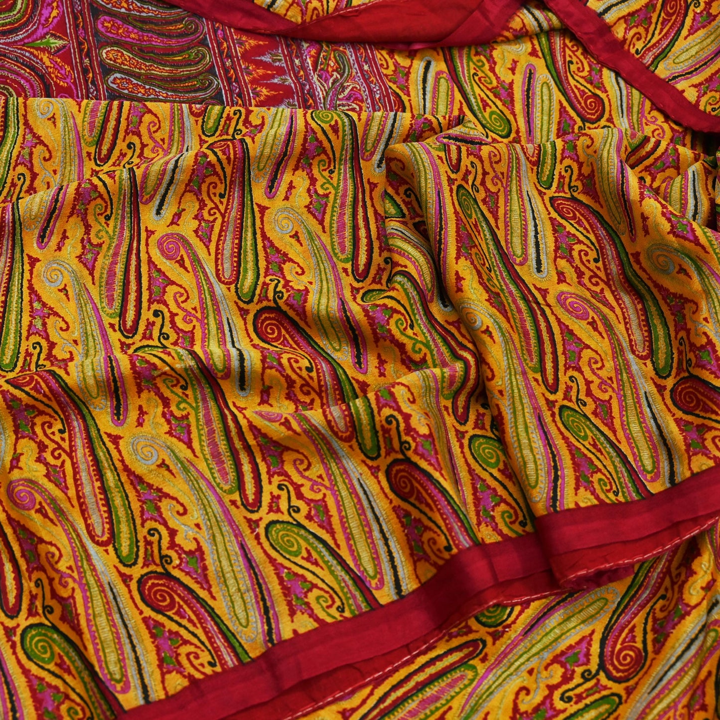 Indian Vintage Sari Red & Yellow Pure Silk Printed Saree Fabric 5yd Sewing Craft Fabric DressMaking Soft