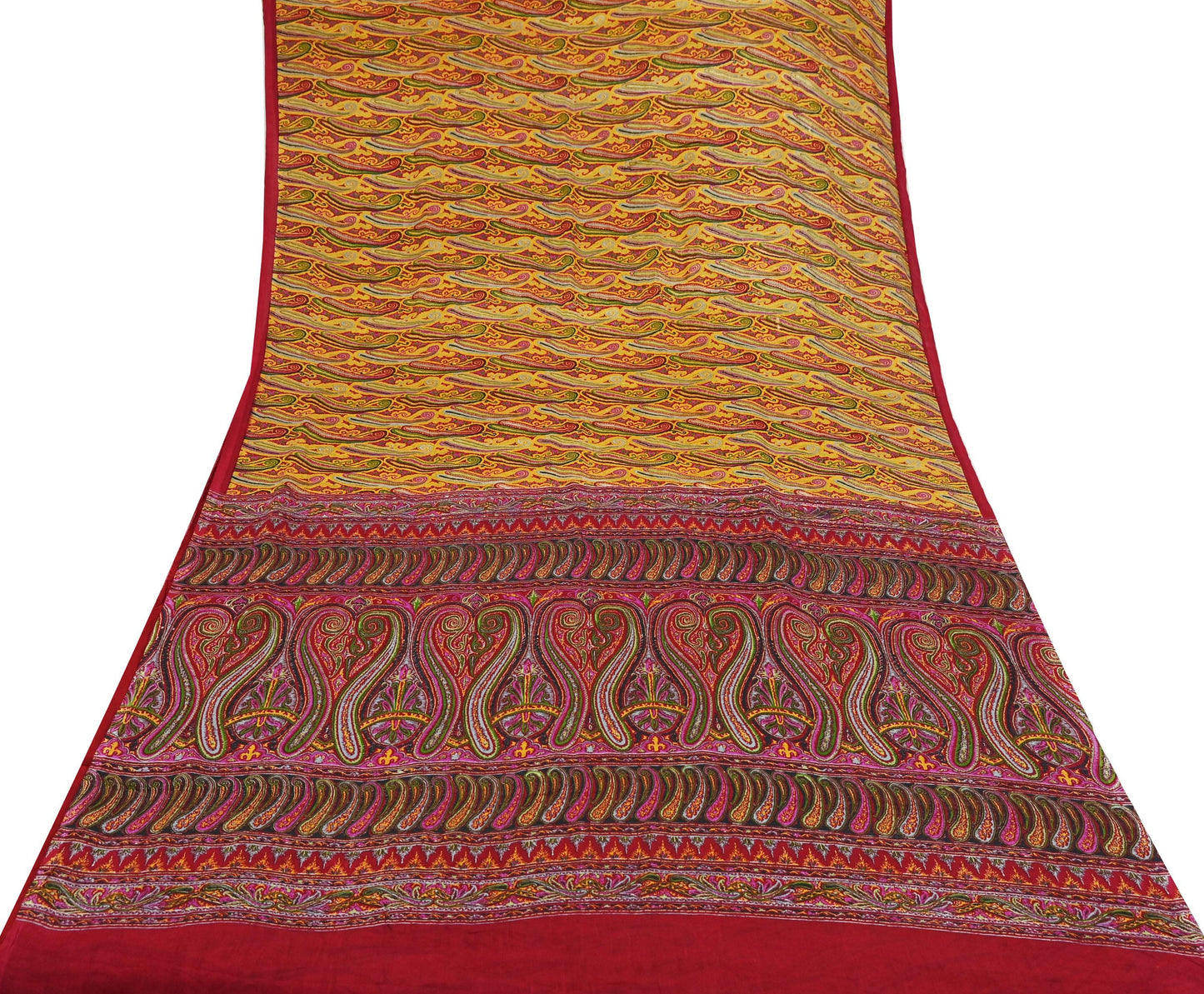 Indian Vintage Sari Red & Yellow Pure Silk Printed Saree Fabric 5yd Sewing Craft Fabric DressMaking Soft