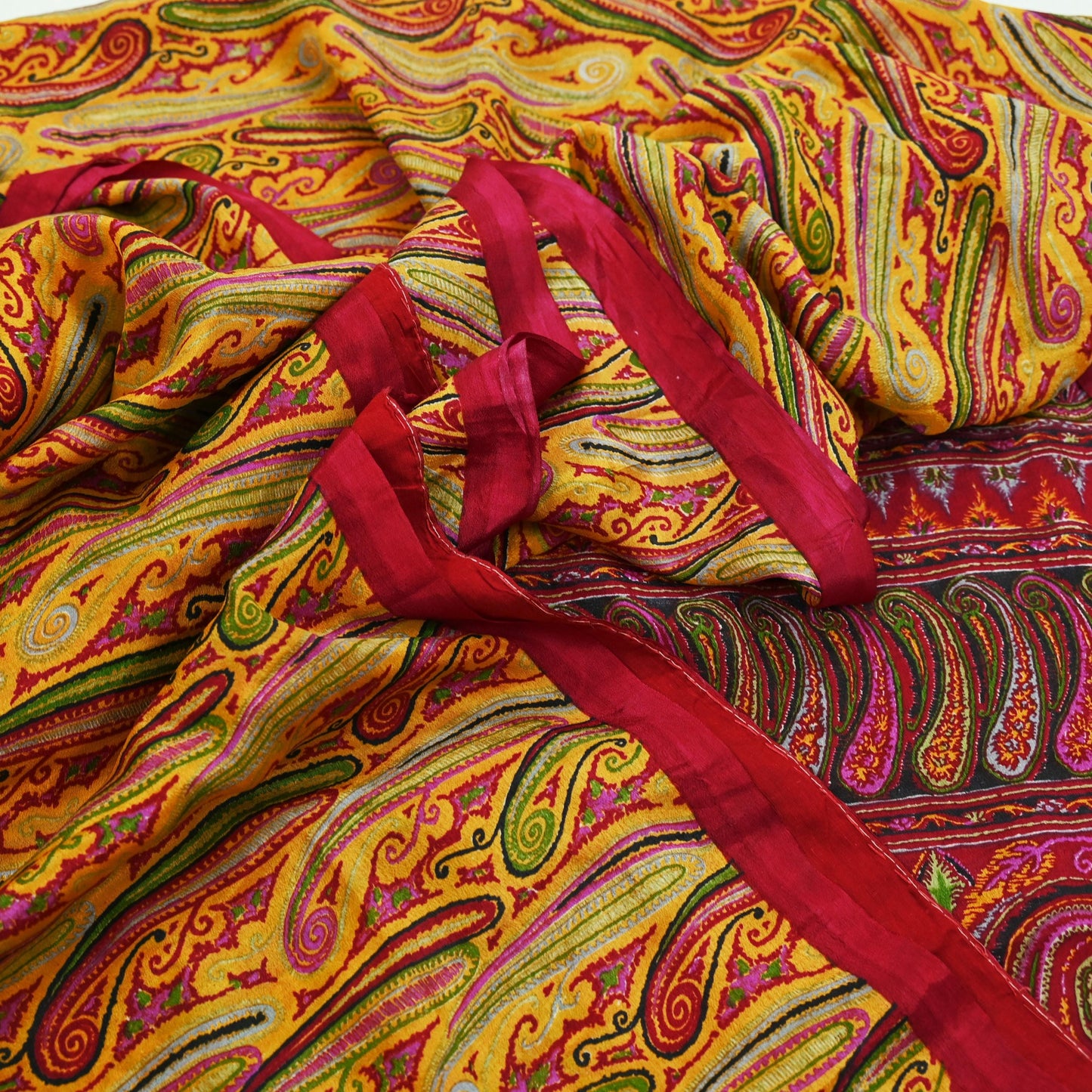 Indian Vintage Sari Red & Yellow Pure Silk Printed Saree Fabric 5yd Sewing Craft Fabric DressMaking Soft