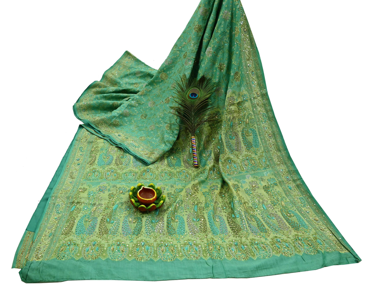 Indian Vintage Green Sari Pure Tussar Silk Hand Embroidered Sarees Craft Fabric 5Yd Sewing Ethnic Sequins Dress making Crafting Quilting