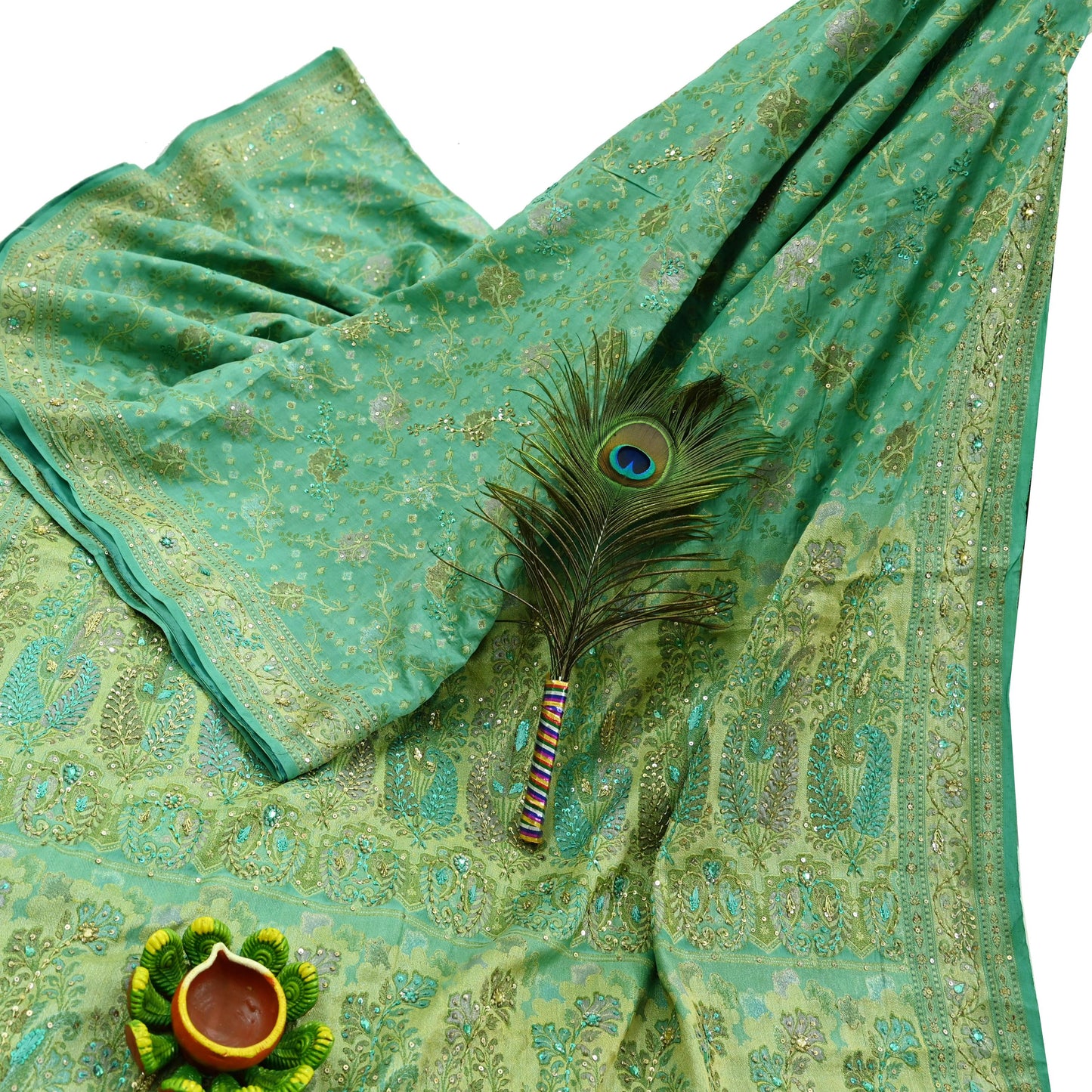 Indian Vintage Green Sari Pure Tussar Silk Hand Embroidered Sarees Craft Fabric 5Yd Sewing Ethnic Sequins Dress making Crafting Quilting