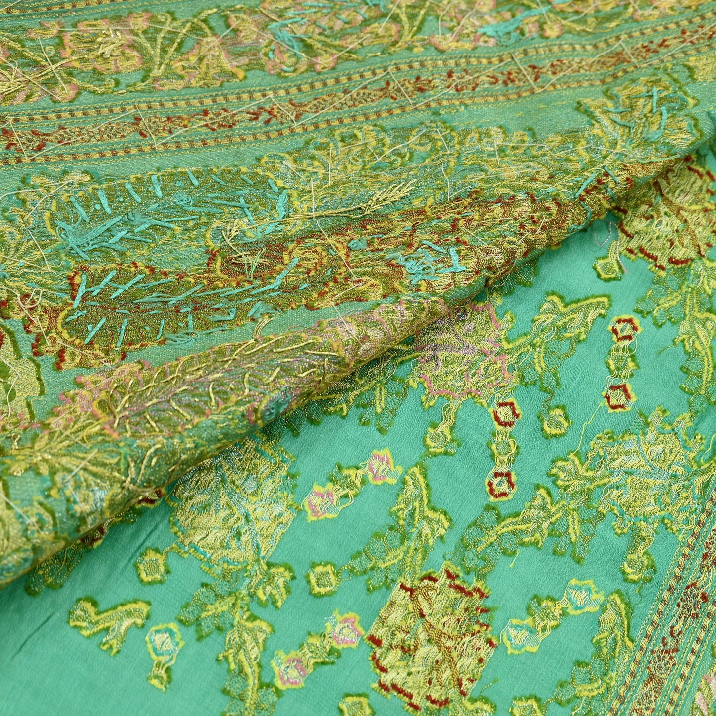 Indian Vintage Green Sari Pure Tussar Silk Hand Embroidered Sarees Craft Fabric 5Yd Sewing Ethnic Sequins Dress making Crafting Quilting