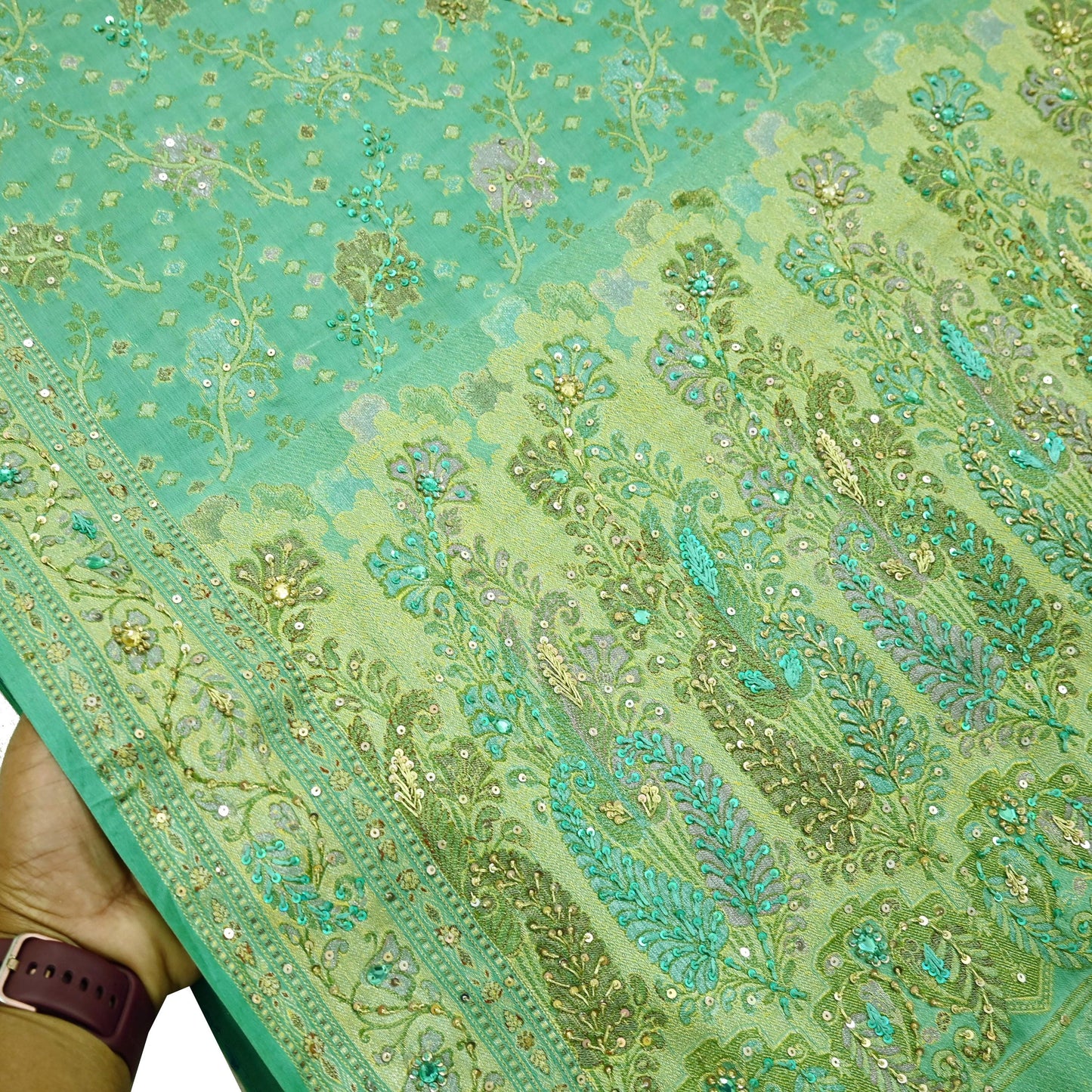 Indian Vintage Green Sari Pure Tussar Silk Hand Embroidered Sarees Craft Fabric 5Yd Sewing Ethnic Sequins Dress making Crafting Quilting