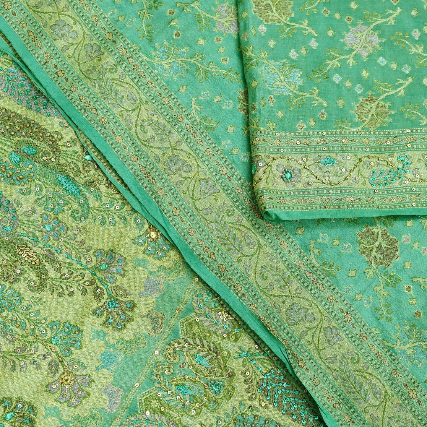 Indian Vintage Green Sari Pure Tussar Silk Hand Embroidered Sarees Craft Fabric 5Yd Sewing Ethnic Sequins Dress making Crafting Quilting