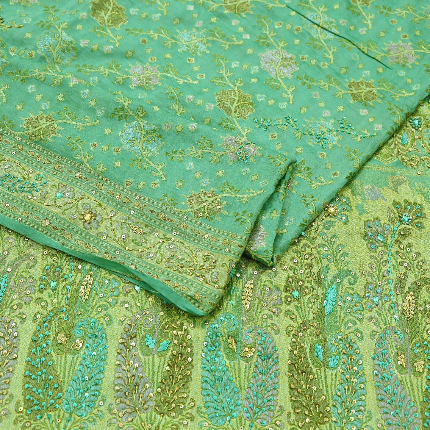 Indian Vintage Green Sari Pure Tussar Silk Hand Embroidered Sarees Craft Fabric 5Yd Sewing Ethnic Sequins Dress making Crafting Quilting