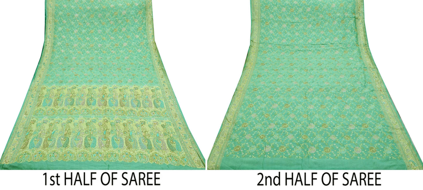 Indian Vintage Green Sari Pure Tussar Silk Hand Embroidered Sarees Craft Fabric 5Yd Sewing Ethnic Sequins Dress making Crafting Quilting