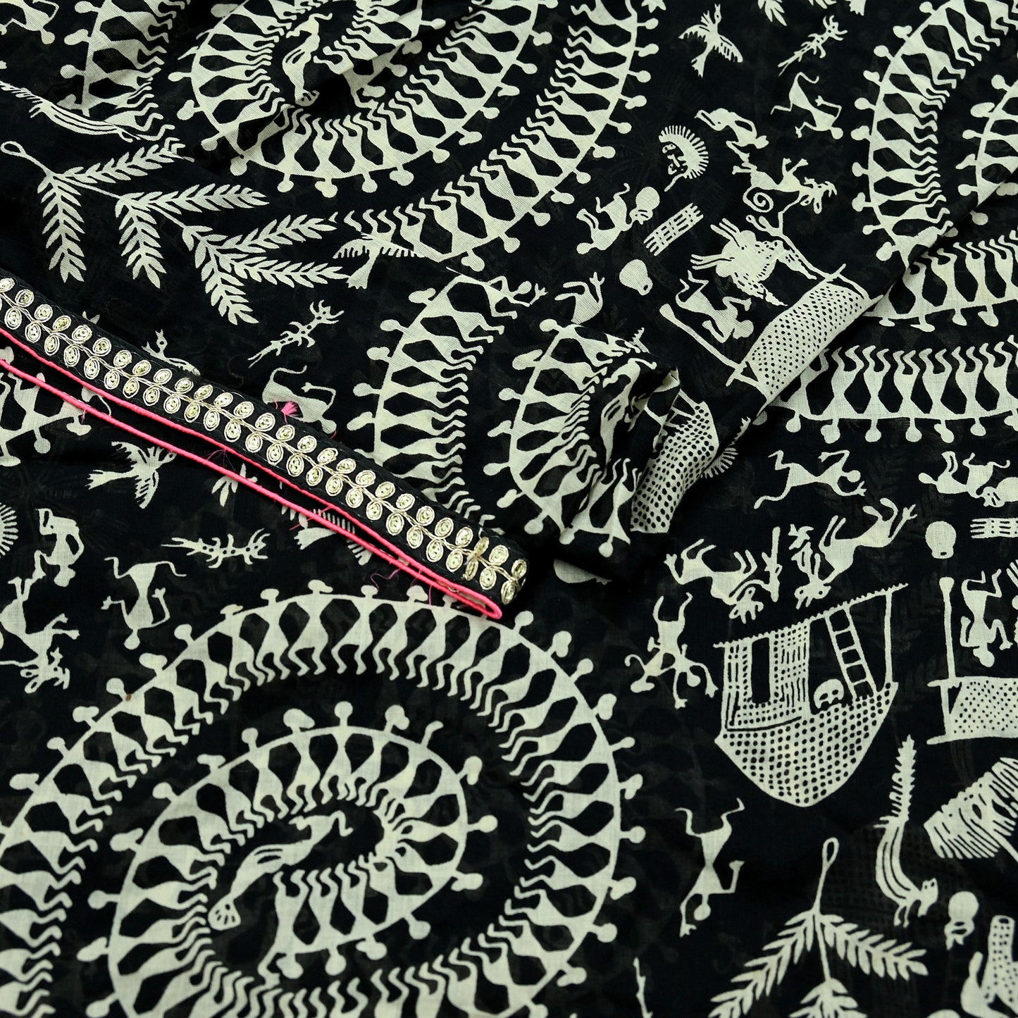 Indian Vintage Black Dupatta Long Stole Embroidered Warli Printed Pure Cotton Scarf Veil Soft Border Work