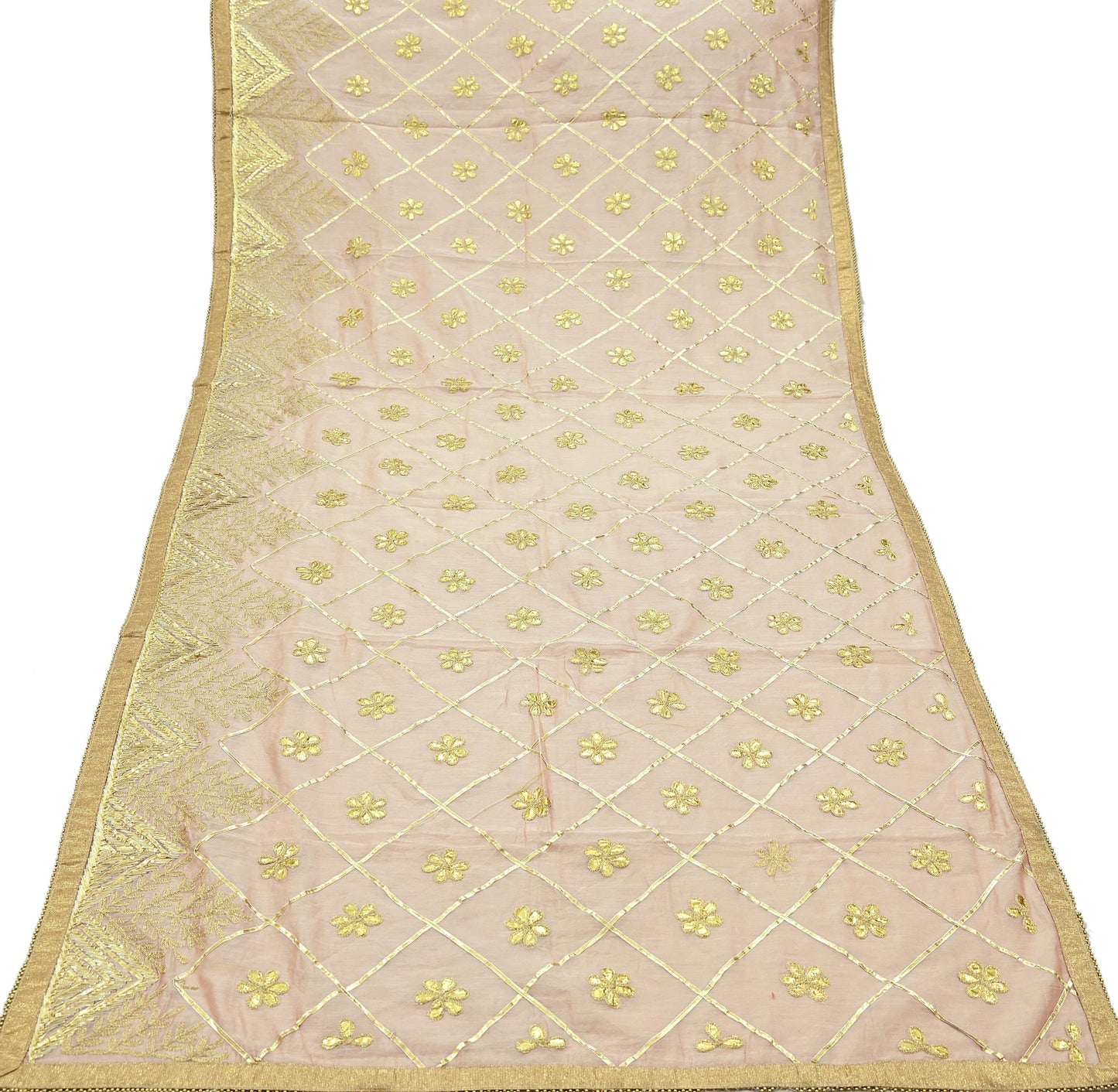 Indian Vintage Dupatta Peach Chanderi Long Stole Hand Embroidered Scarves Veil Zari Sequins