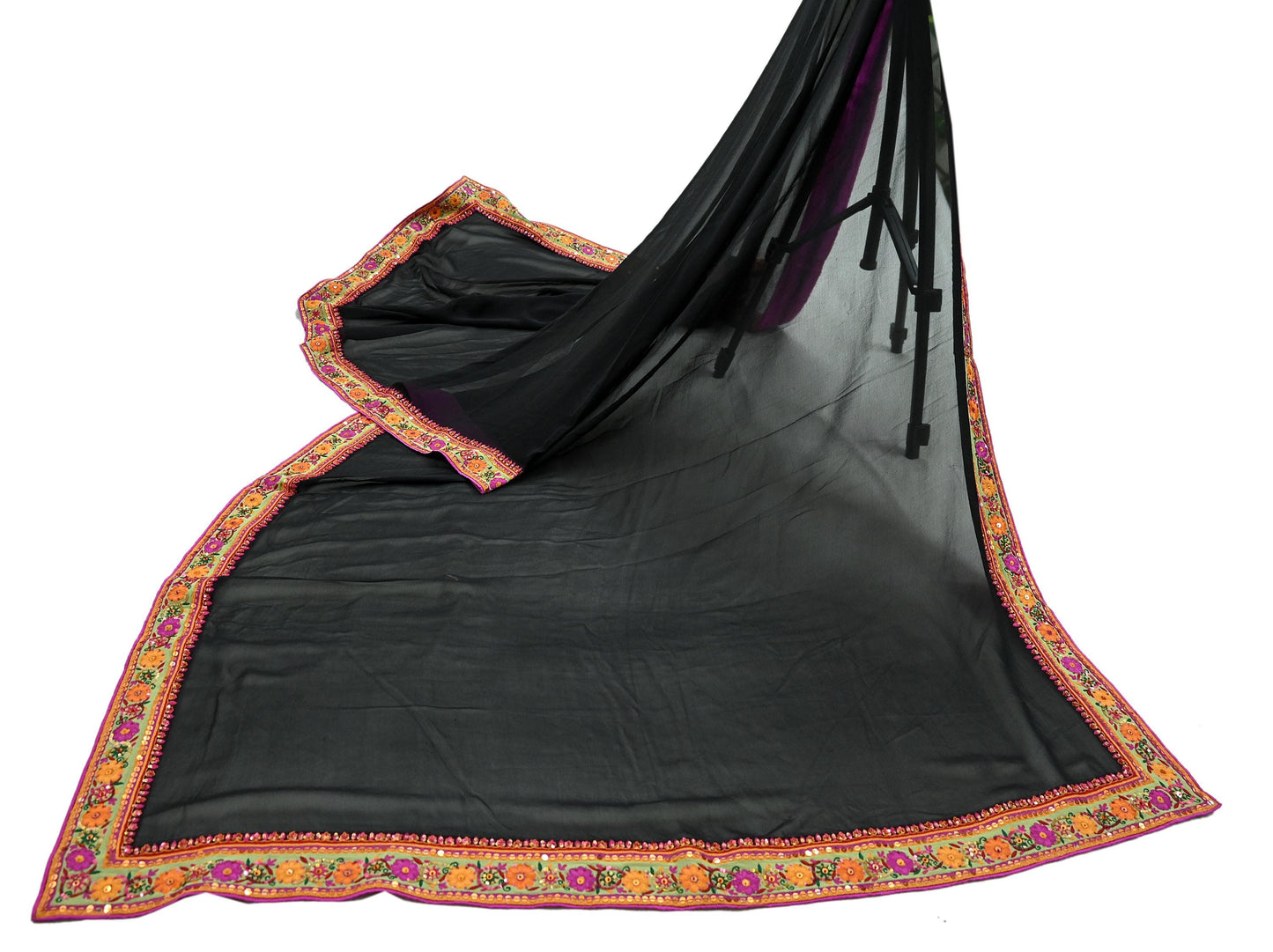 Indian Vintage Dupatta Black Pure Georgette silk Long Stole Embroidered Scarves Veil Wrap Sequins Boho