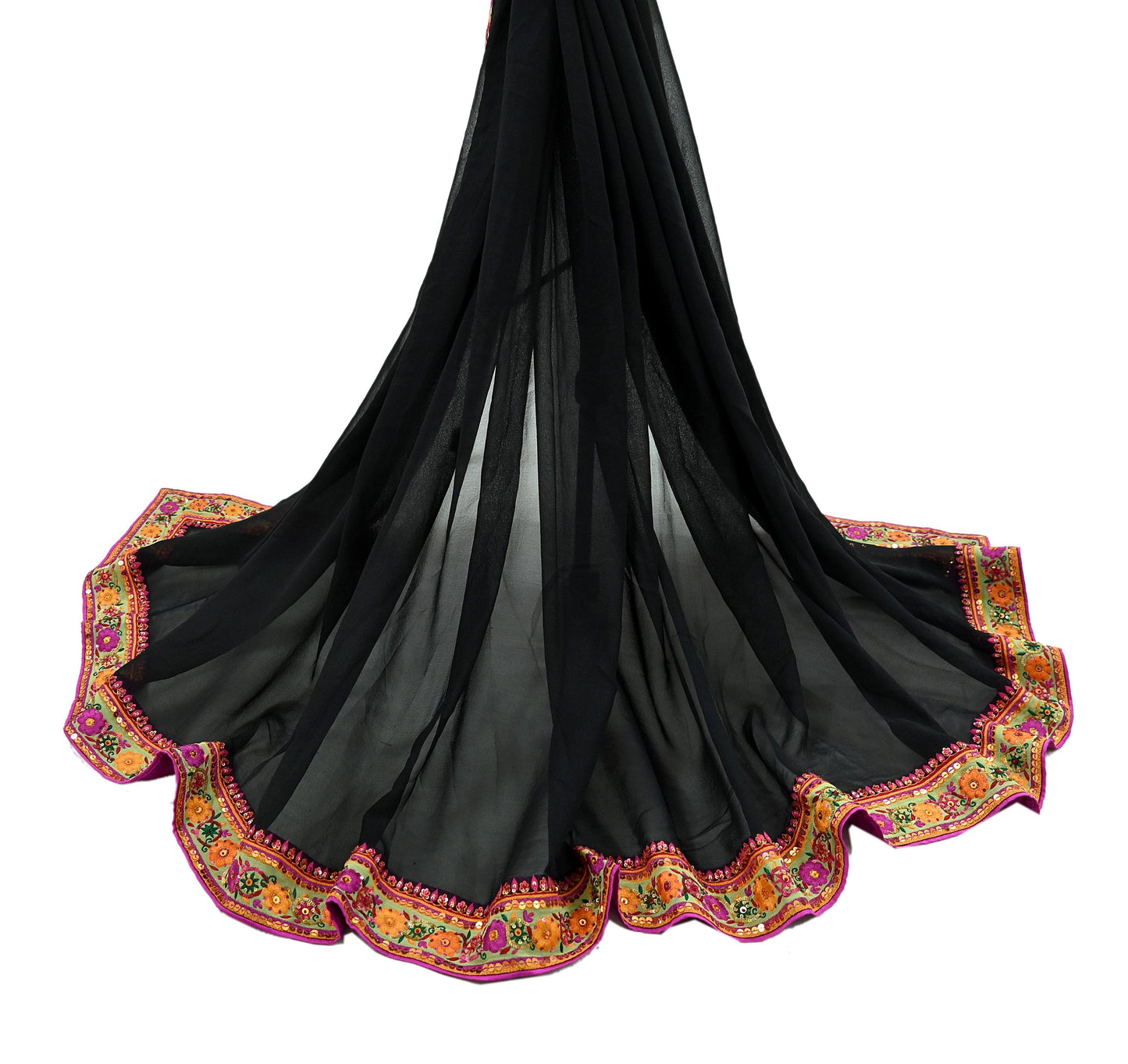 Indian Vintage Dupatta Black Pure Georgette silk Long Stole Embroidered Scarves Veil Wrap Sequins Boho