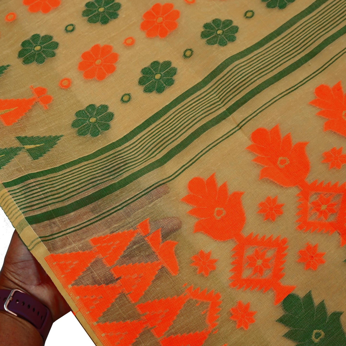 Indian Vintage Sarees Beige Pure Cotton Hand Woven Jamdani Sari 5yd Ethnic Floral Craft Fabric Dress making Upcycle Crafting Quilting