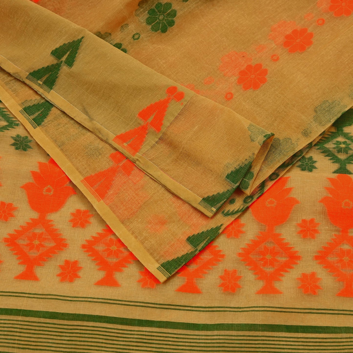 Indian Vintage Sarees Beige Pure Cotton Hand Woven Jamdani Sari 5yd Ethnic Floral Craft Fabric Dress making Upcycle Crafting Quilting