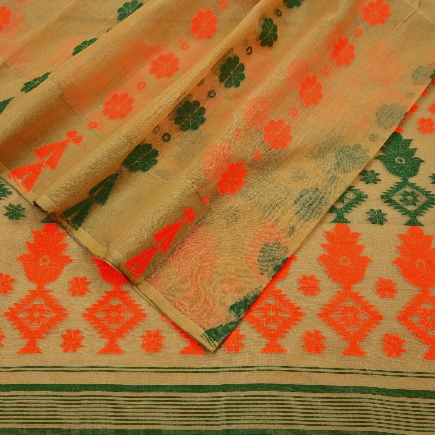 Indian Vintage Sarees Beige Pure Cotton Hand Woven Jamdani Sari 5yd Ethnic Floral Craft Fabric Dress making Upcycle Crafting Quilting