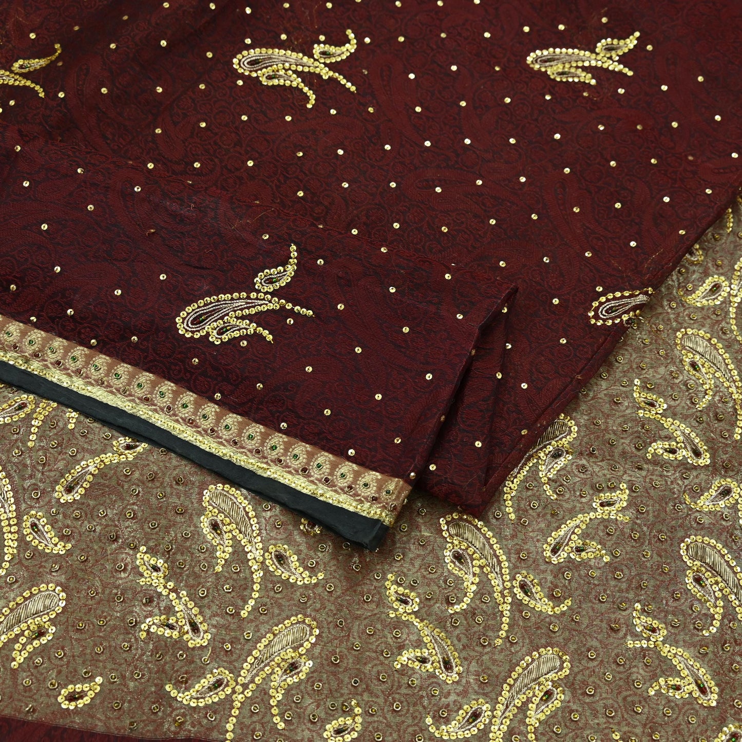 Indian Vintage Sari Black & maroon Hand Embroidered Saree Pure Organza Silk Craft Fabric 5Yd Ethnic Dress Making Crafting Quilting Zardozi